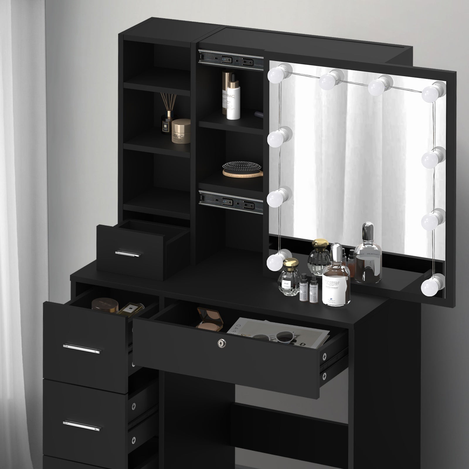 Oikiture Dressing Table Stool Set Makeup Slide Mirror Drawer 10 LED Bulbs Wooden - Sunyee