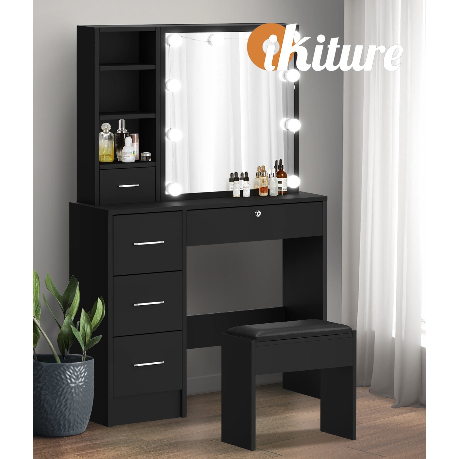 Oikiture Dressing Table Stool Set Makeup Slide Mirror Drawer 10 LED Bulbs Wooden - Sunyee