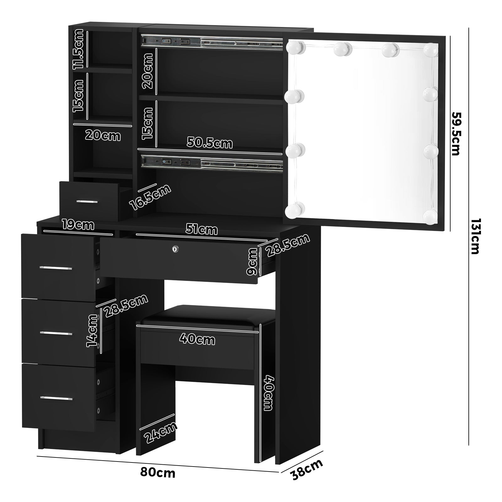 Oikiture Dressing Table Stool Set Makeup Slide Mirror Drawer 10 LED Bulbs Wooden - Sunyee