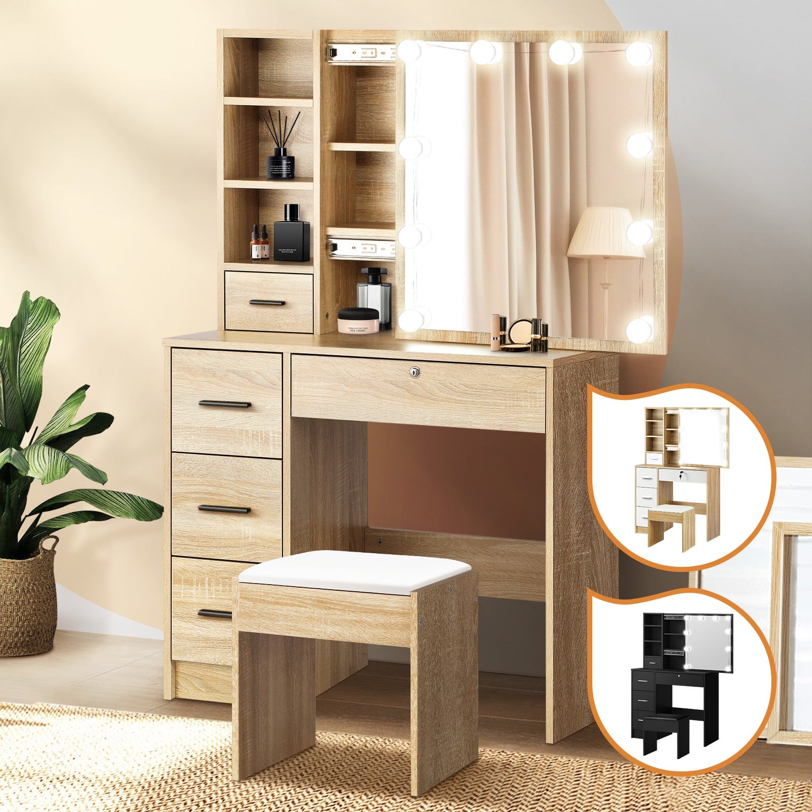 Oikiture Dressing Table Stool Set Makeup Slide Mirror Drawers 10 LED Bulbs - Sunyee