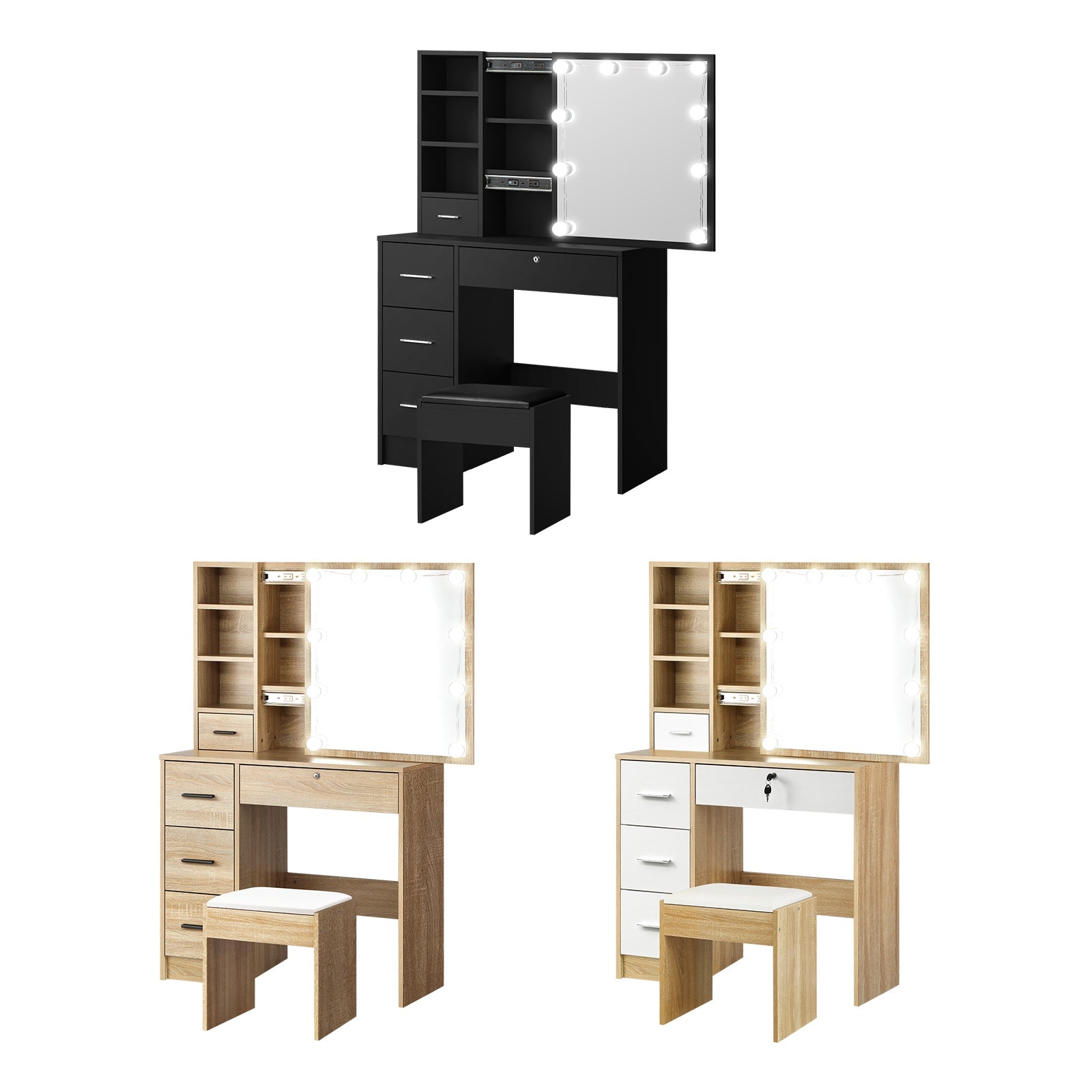 Oikiture Dressing Table Stool Set Makeup Slide Mirror Drawers 10 LED Bulbs - Sunyee