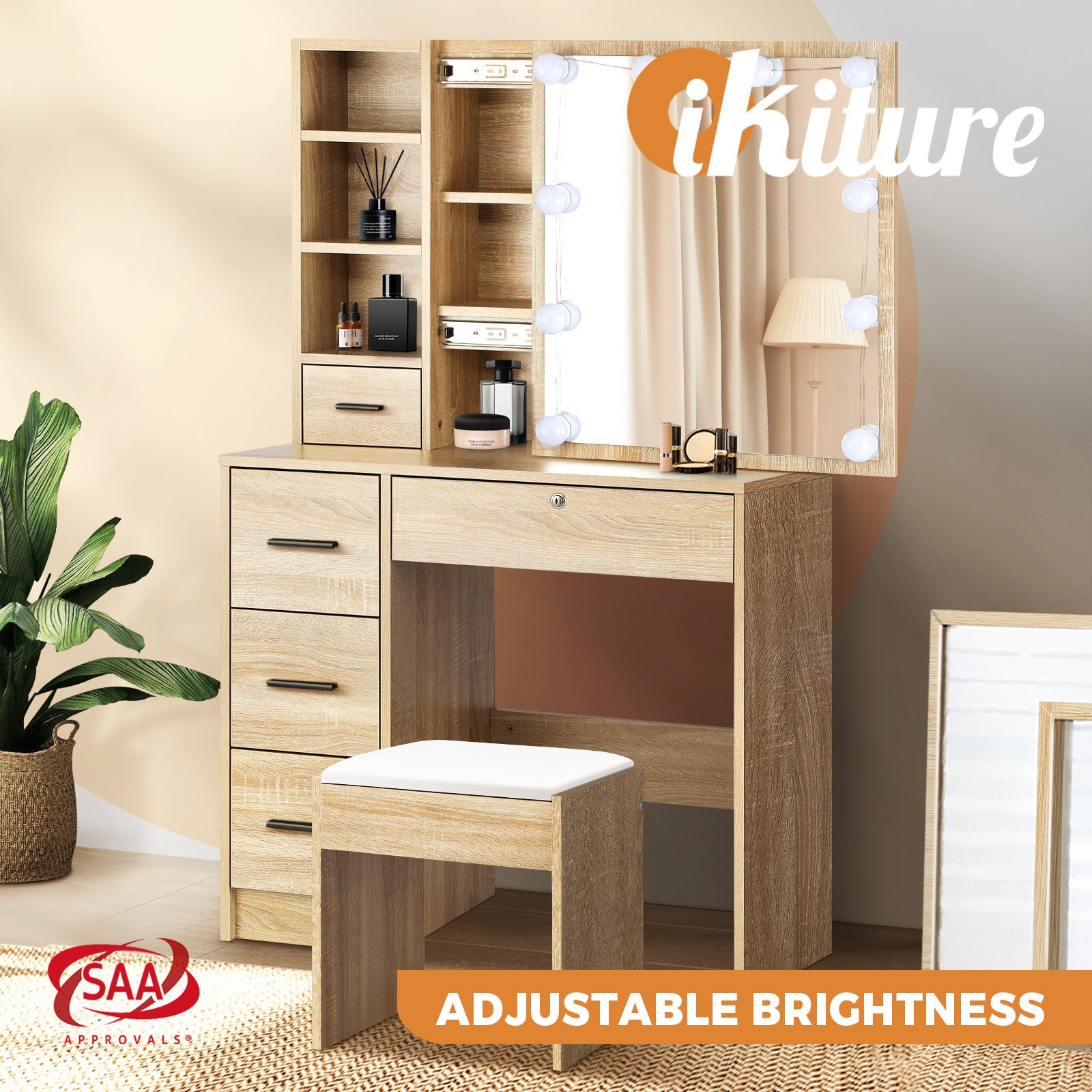 Oikiture Dressing Table Stool Set Makeup Desk Mirror Storage Dresser LED Bulbs