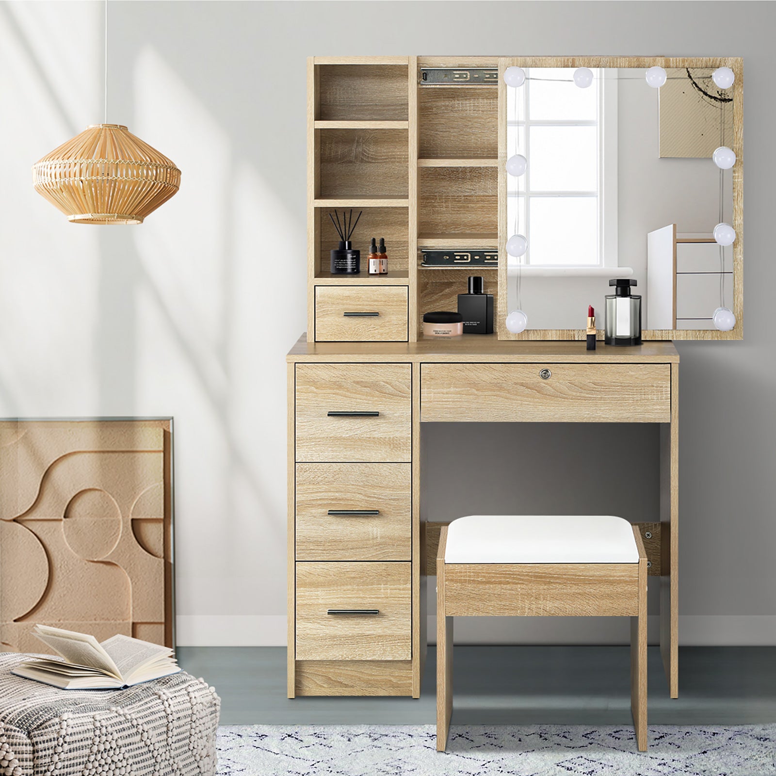 Oikiture Dressing Table Stool Set Makeup Slide Mirror Drawer 10 LED Bulbs Wooden - Sunyee