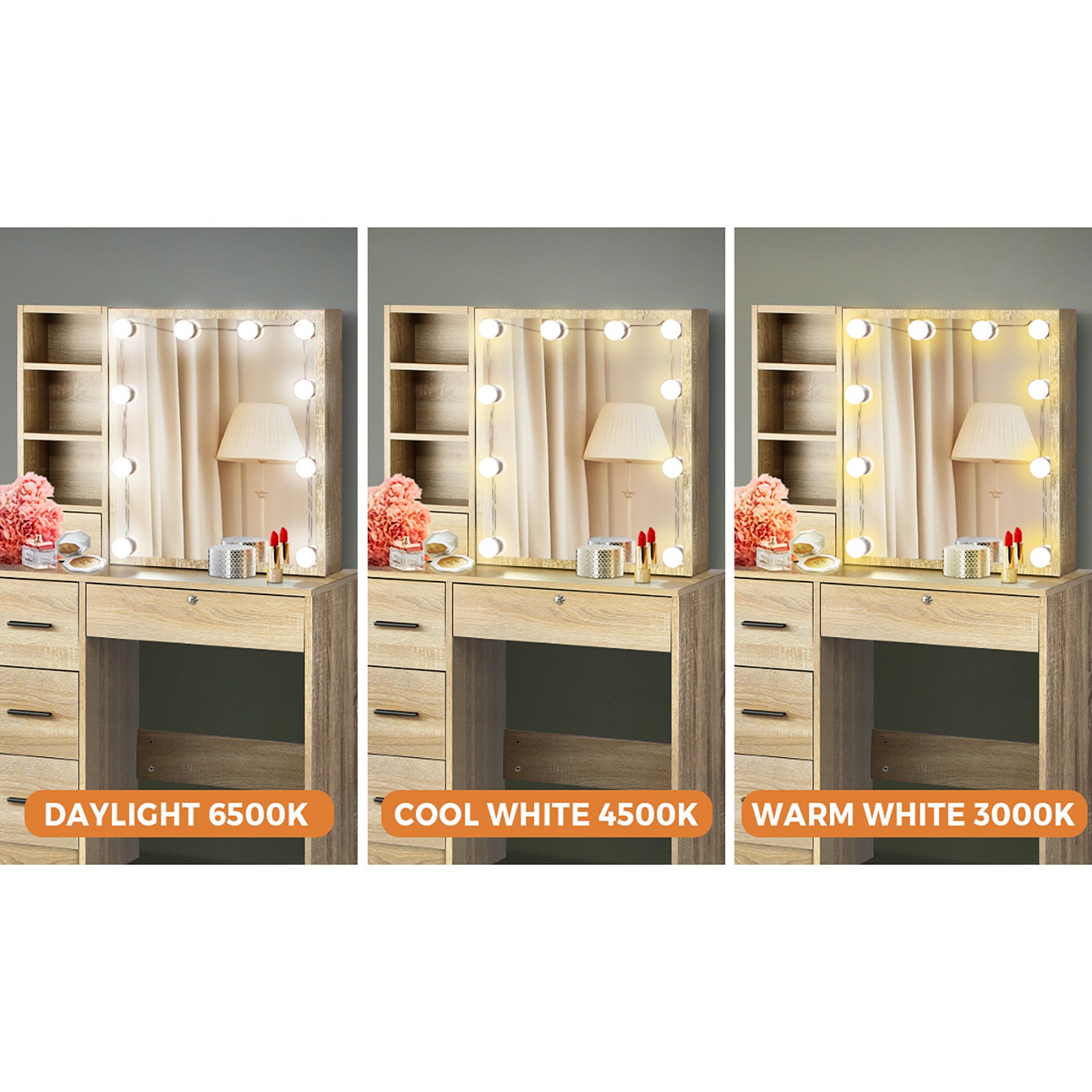 Oikiture Dressing Table Stool Set Makeup Slide Mirror Drawer 10 LED Bulbs Wooden - Sunyee