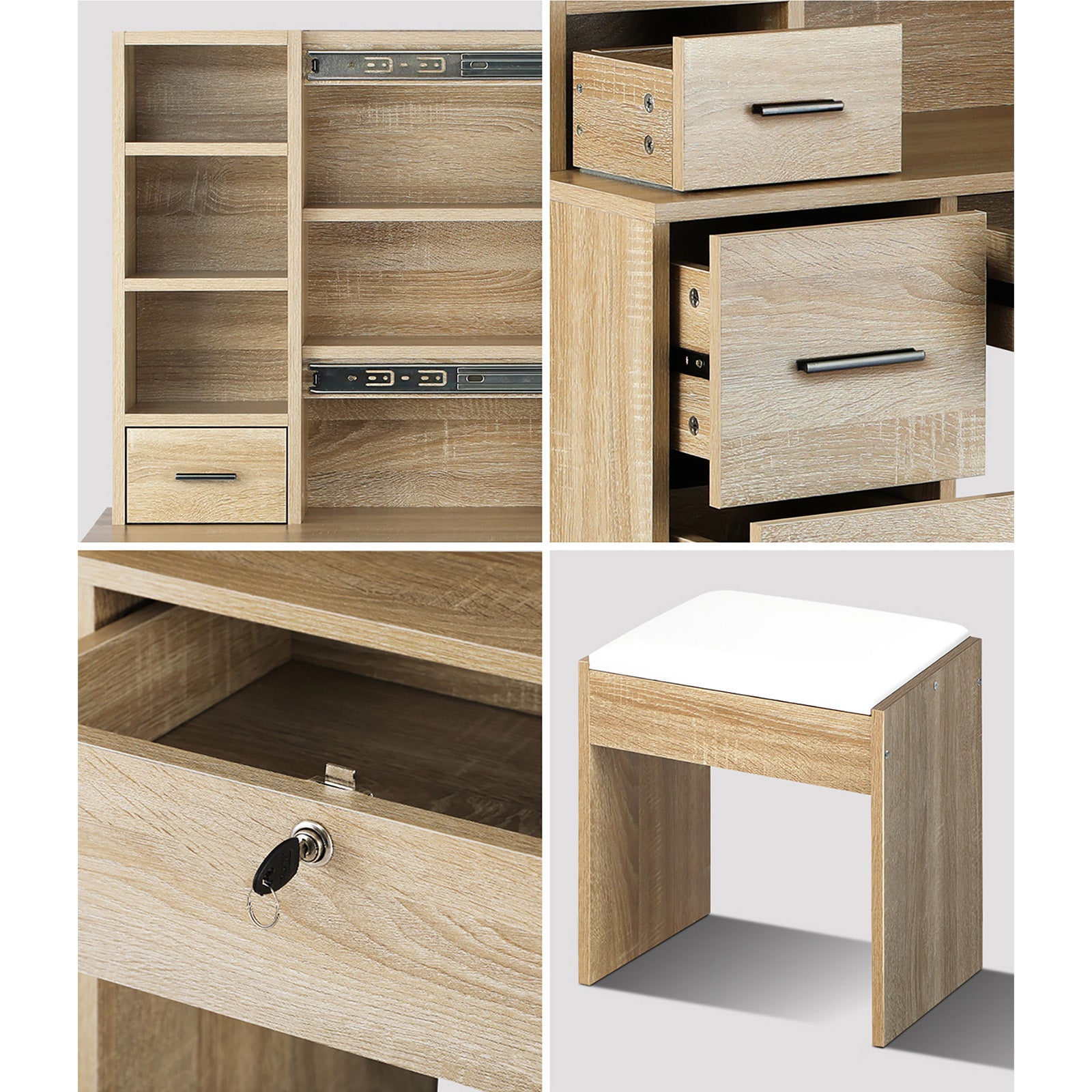 Oikiture Dressing Table Stool Set Makeup Slide Mirror Drawer 10 LED Bulbs Wooden - Sunyee