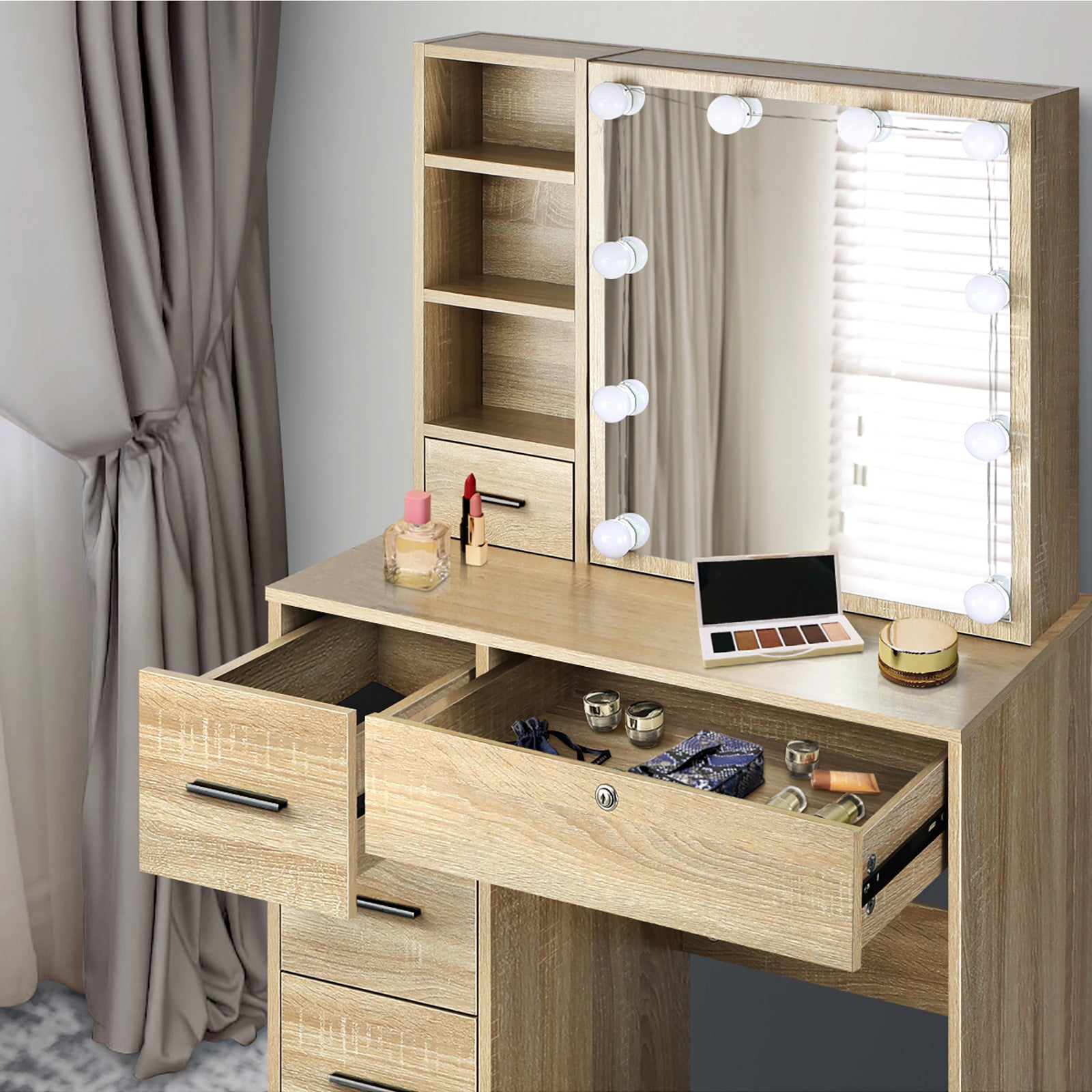 Oikiture Dressing Table Stool Set Makeup Slide Mirror Drawer 10 LED Bulbs Wooden - Sunyee