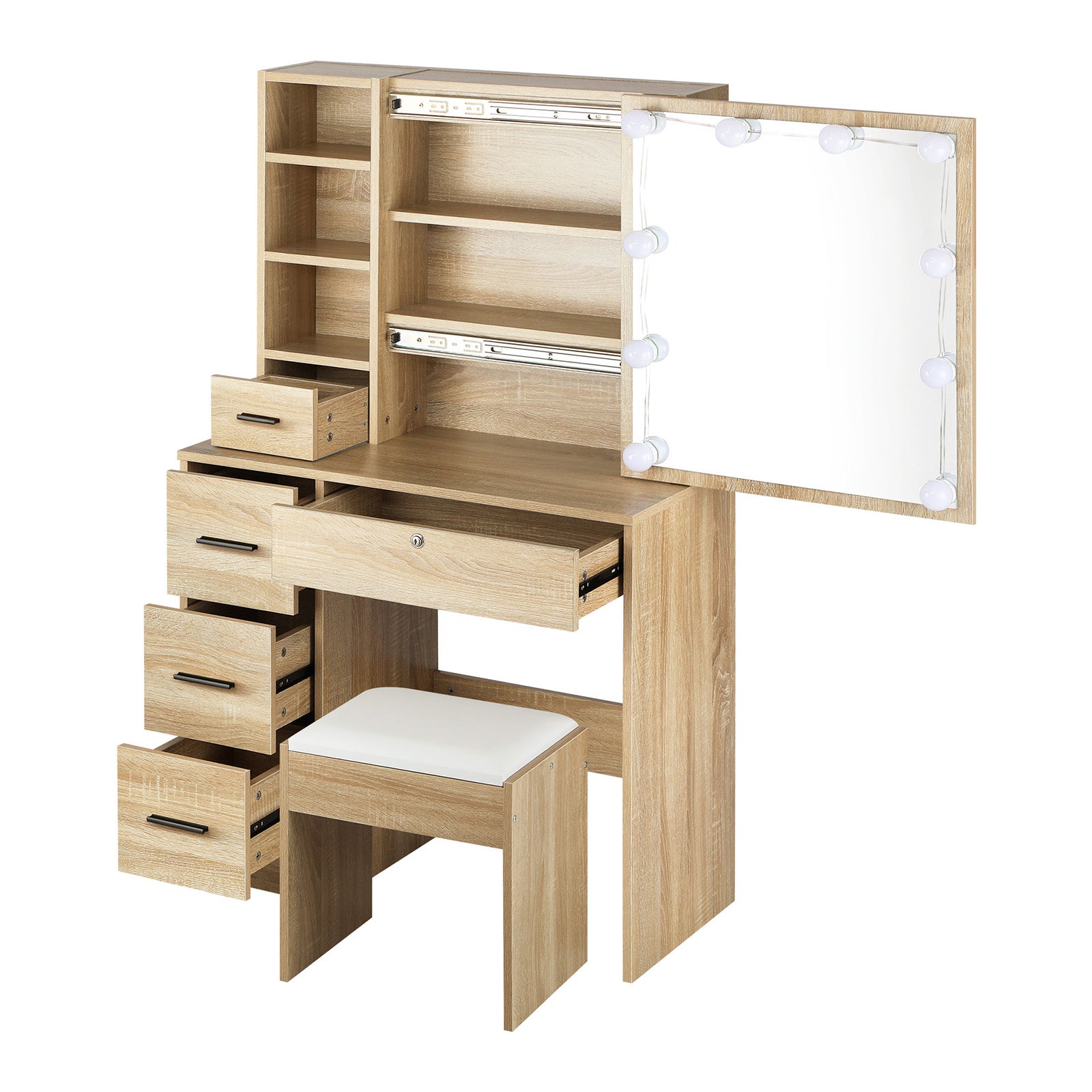 Oikiture Dressing Table Stool Set Makeup Slide Mirror Drawer 10 LED Bulbs Wooden - Sunyee