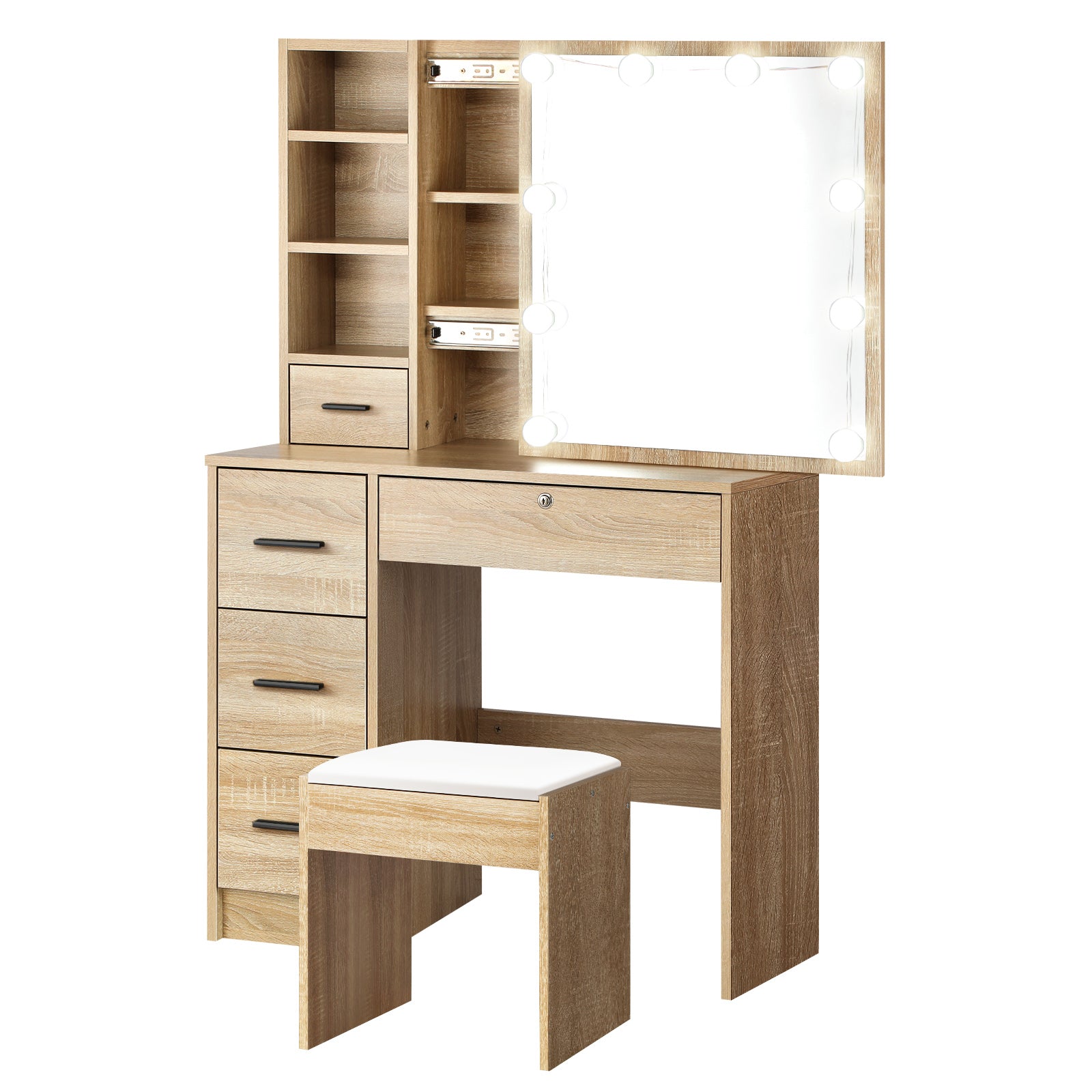 Oikiture Dressing Table Stool Set Makeup Slide Mirror Drawer 10 LED Bulbs Wooden - Sunyee