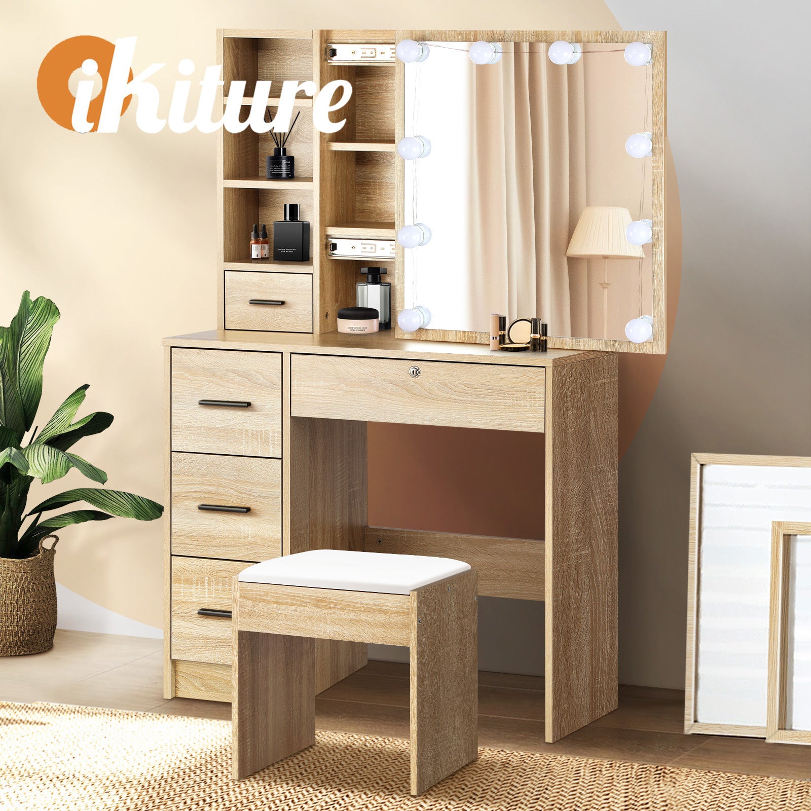 Oikiture Dressing Table Stool Set Makeup Slide Mirror Drawer 10 LED Bulbs Wooden - Sunyee