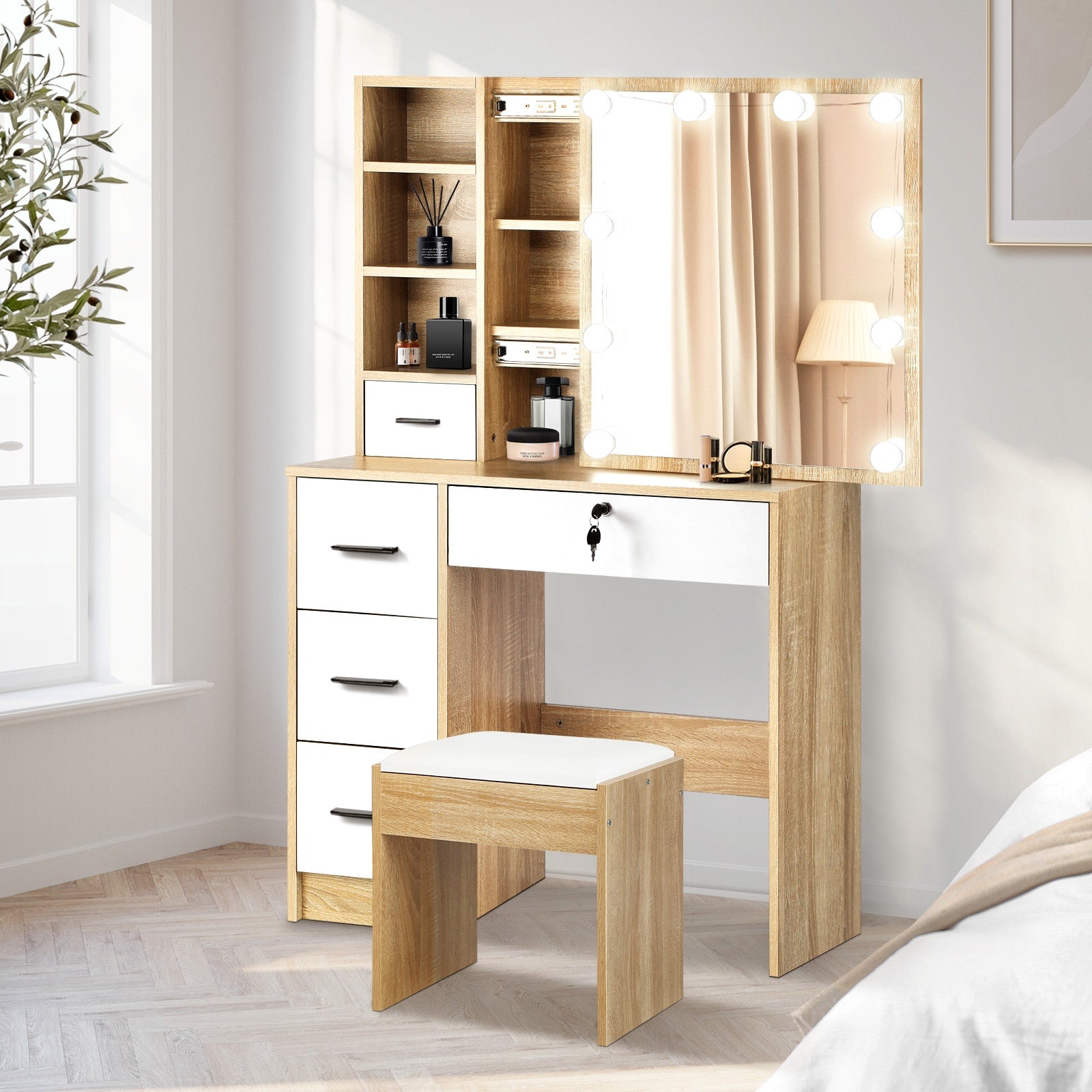Oikiture Dressing Table Stool Set Slide Mirror Drawer 10 LED Bulbs Natural White - Sunyee