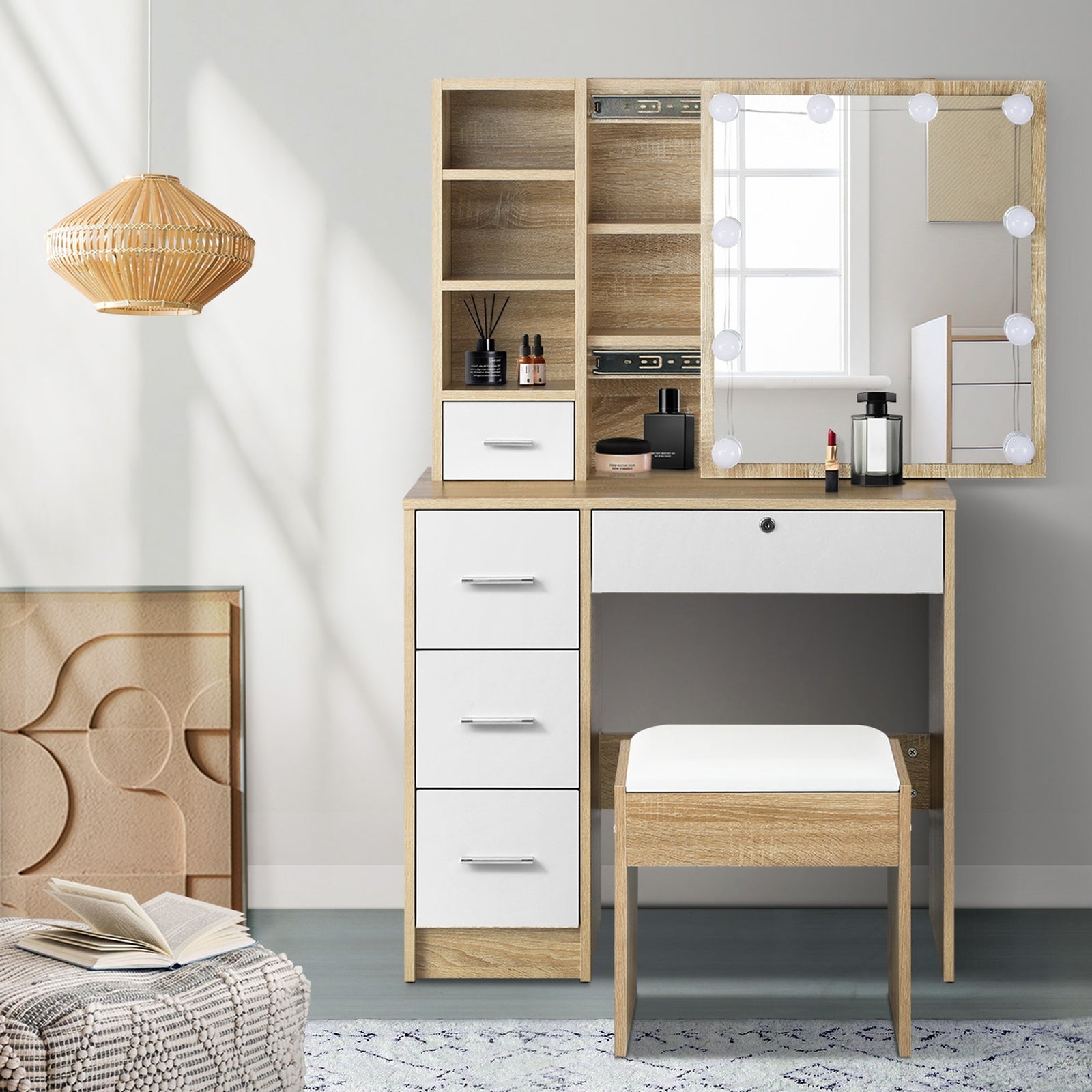 Oikiture Dressing Table Stool Set Slide Mirror Drawer 10 LED Bulbs Natural White - Sunyee
