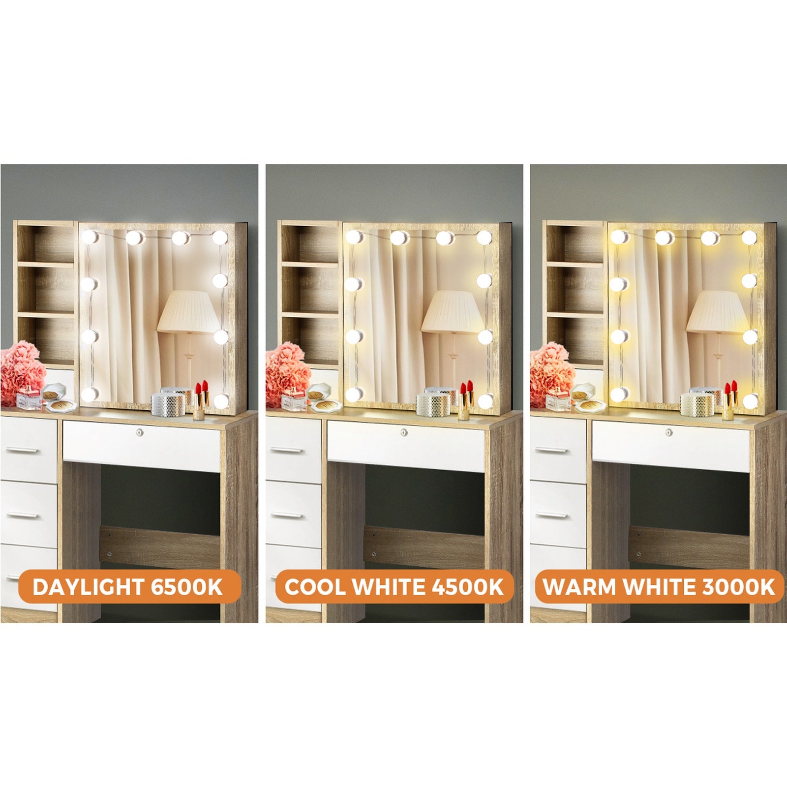 Oikiture Dressing Table Stool Set Slide Mirror Drawer 10 LED Bulbs Natural White - Sunyee