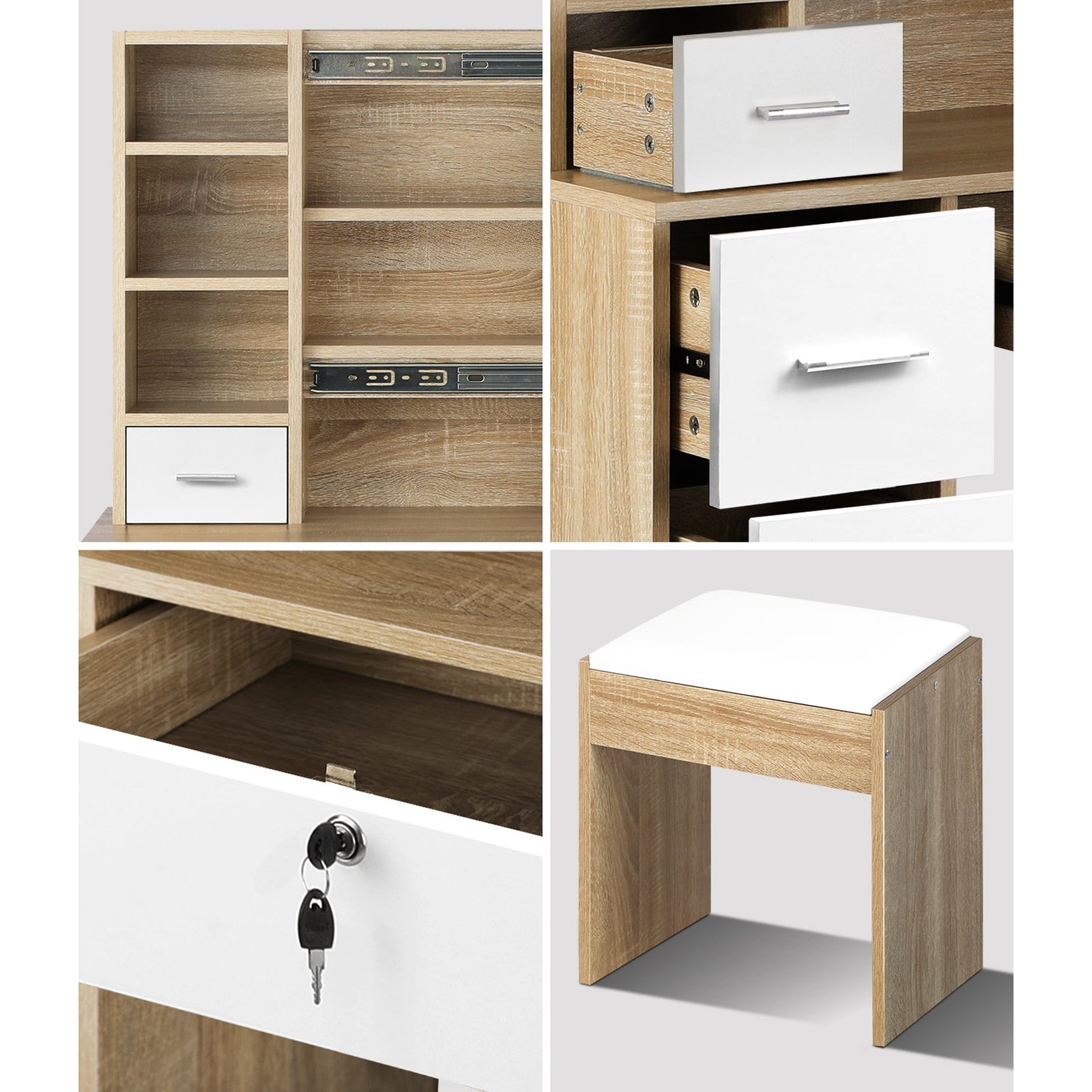 Oikiture Dressing Table Stool Set Slide Mirror Drawer 10 LED Bulbs Natural White - Sunyee