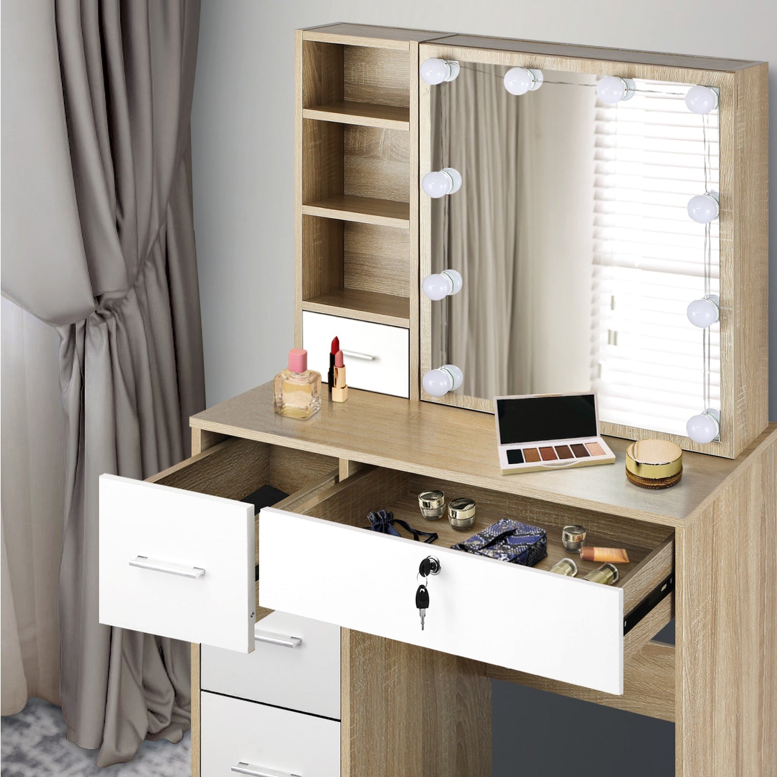 Oikiture Dressing Table Stool Set Slide Mirror Drawer 10 LED Bulbs Natural White - Sunyee