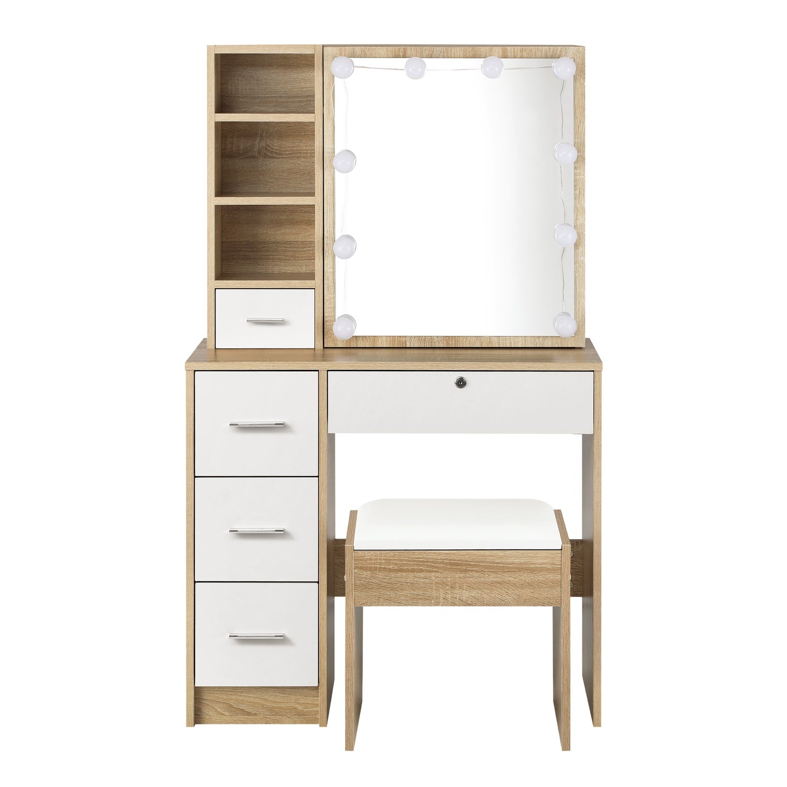 Oikiture Dressing Table Stool Set Slide Mirror Drawer 10 LED Bulbs Natural White - Sunyee
