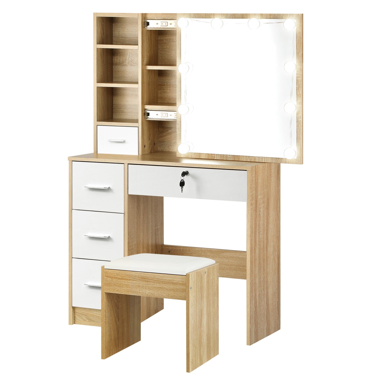 Oikiture Dressing Table Stool Set Slide Mirror Drawer 10 LED Bulbs Natural White - Sunyee