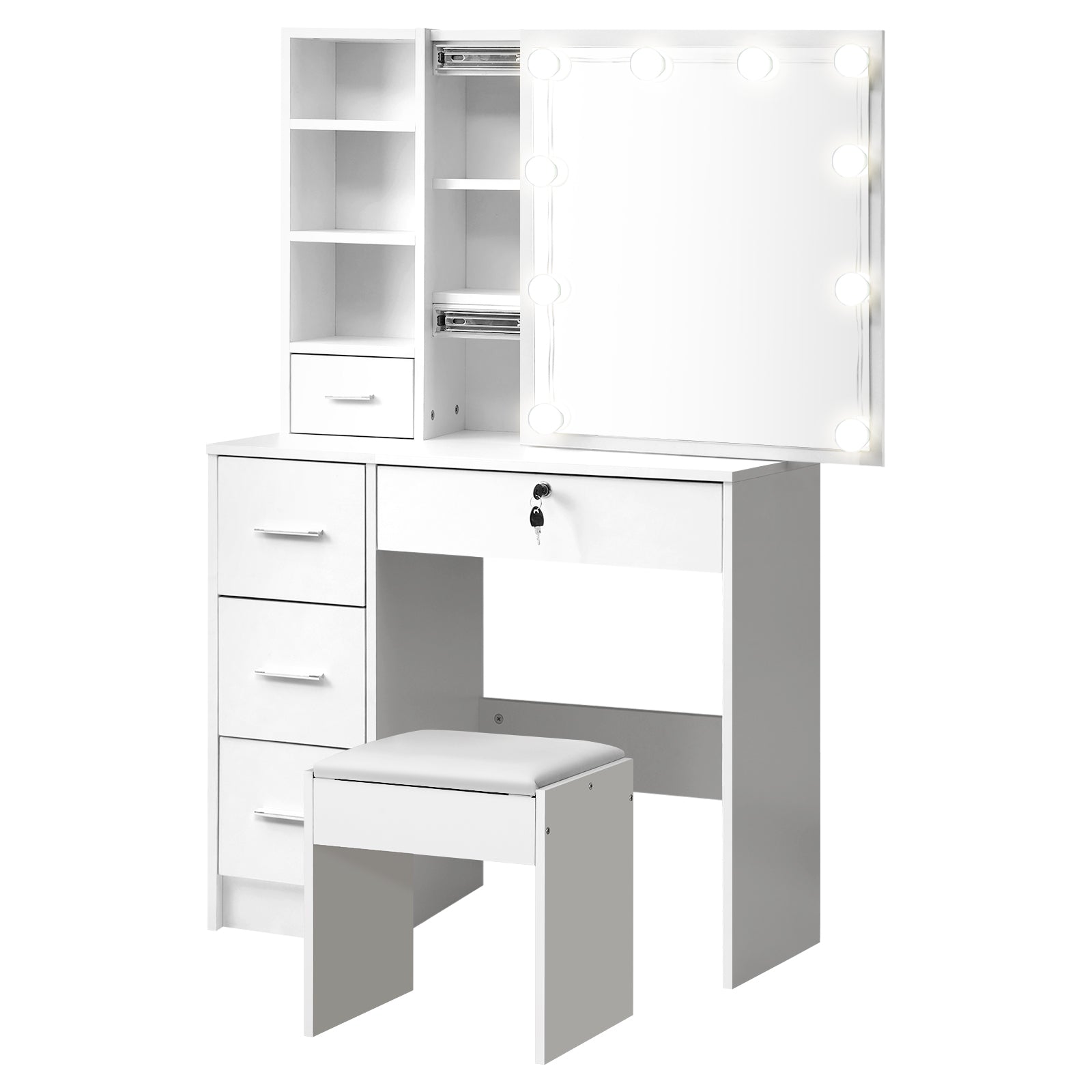 Oikiture Dressing Table Stool Set Makeup Slide Mirror Drawers 10 LED Bulbs - Sunyee