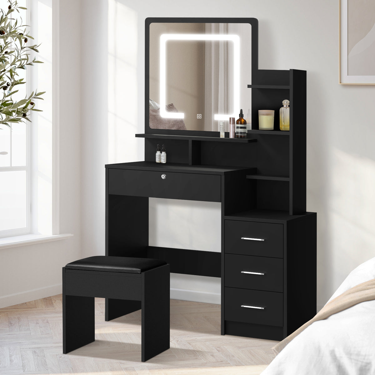 Oikiture Dressing Table Stool Set Makeup Mirror LED Light Storage Cabinet Black - Sunyee
