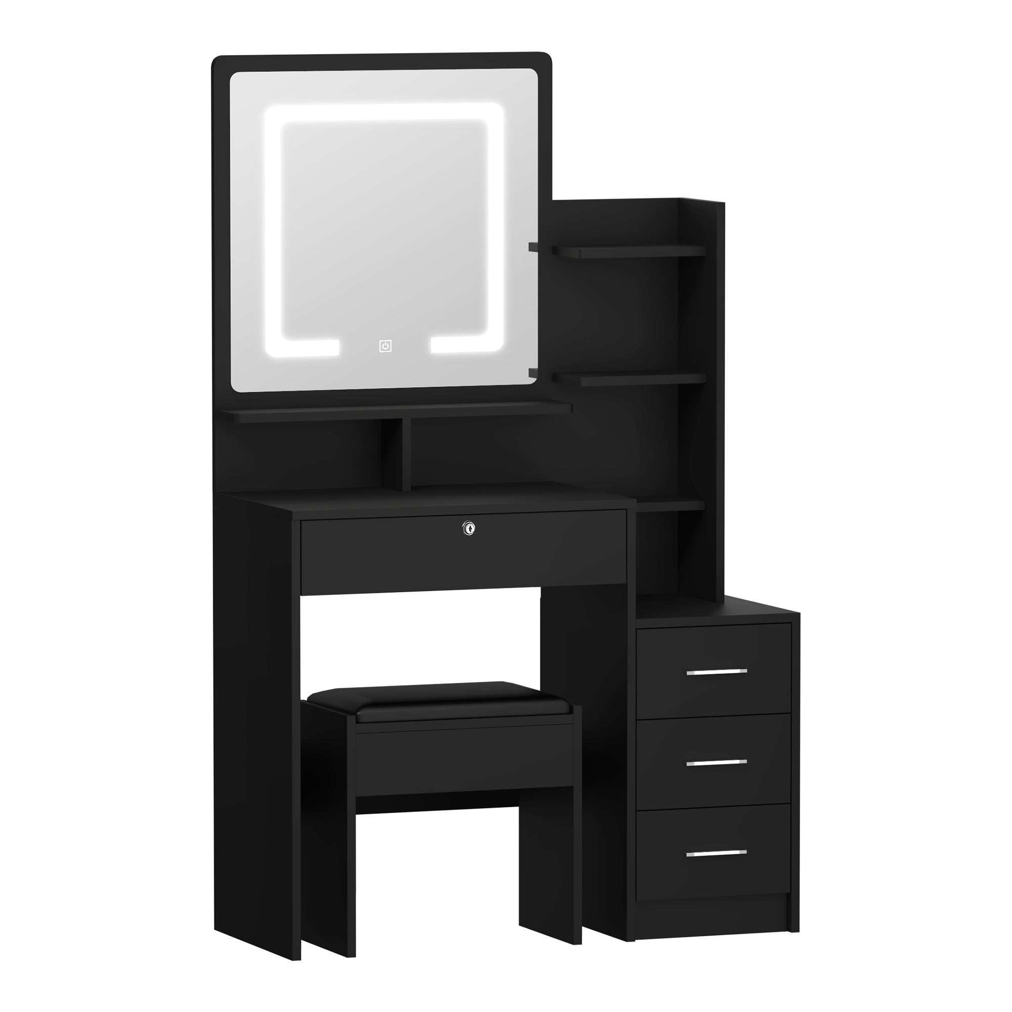 Oikiture Dressing Table Stool Set Makeup Mirror LED Light Storage Cabinet Black - Sunyee