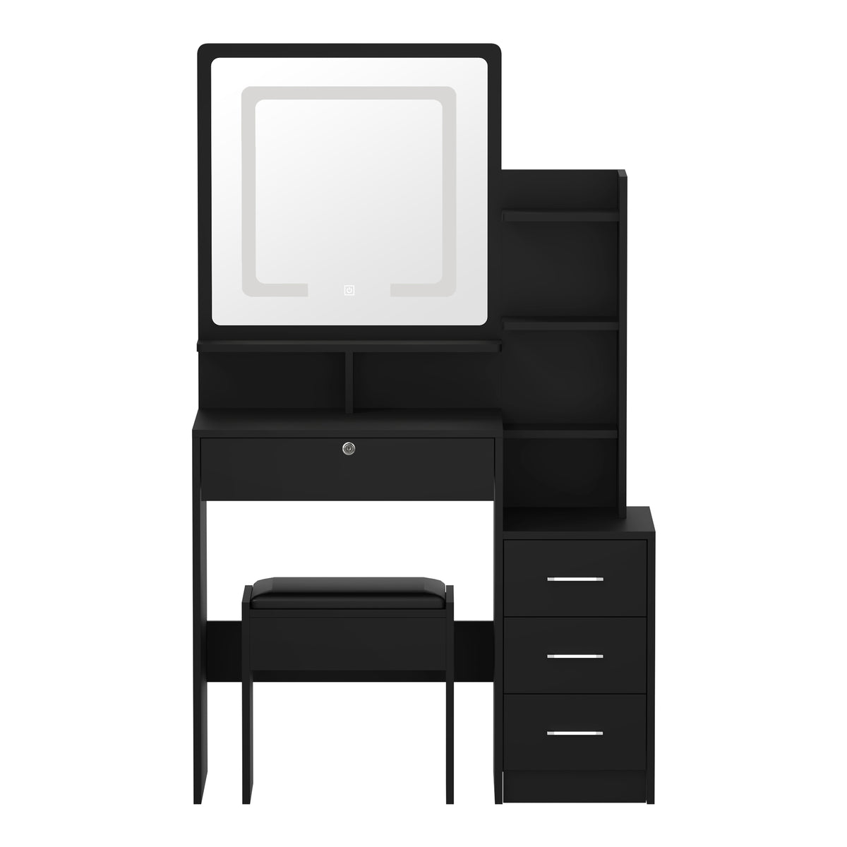 Oikiture Dressing Table Stool Set Makeup Mirror LED Light Storage Cabinet Black - Sunyee