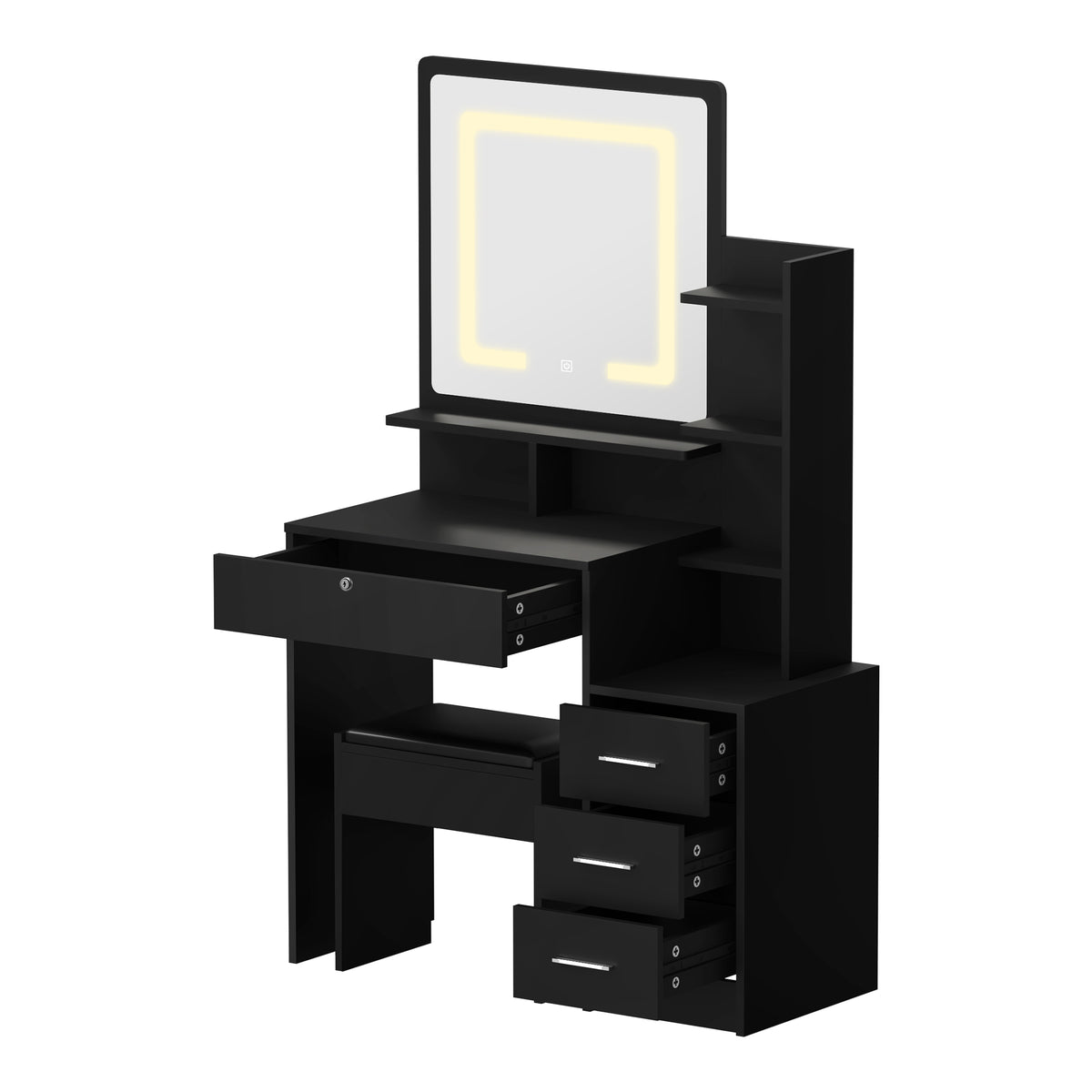 Oikiture Dressing Table Stool Set Makeup Mirror LED Light Storage Cabinet Black - Sunyee