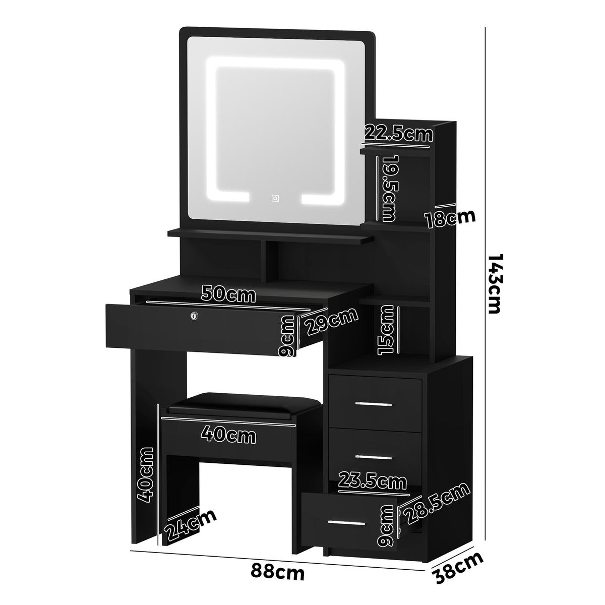 Oikiture Dressing Table Stool Set Makeup Mirror LED Light Storage Cabinet Black - Sunyee