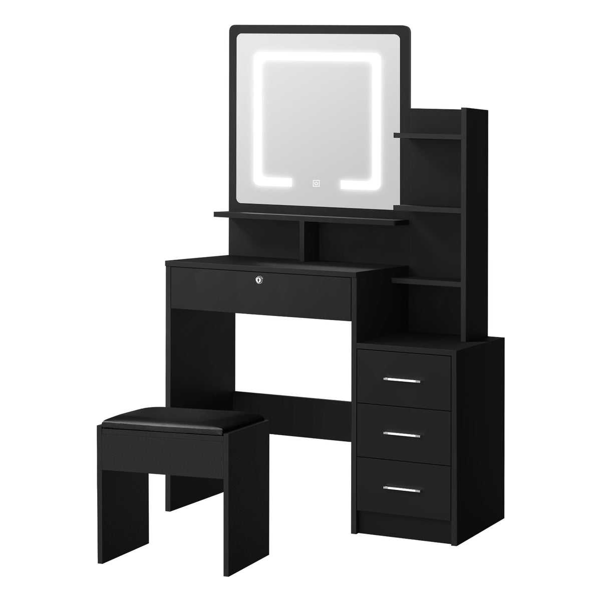Oikiture Dressing Table Stool Set Makeup Mirror LED Light Storage Cabinet Black - Sunyee