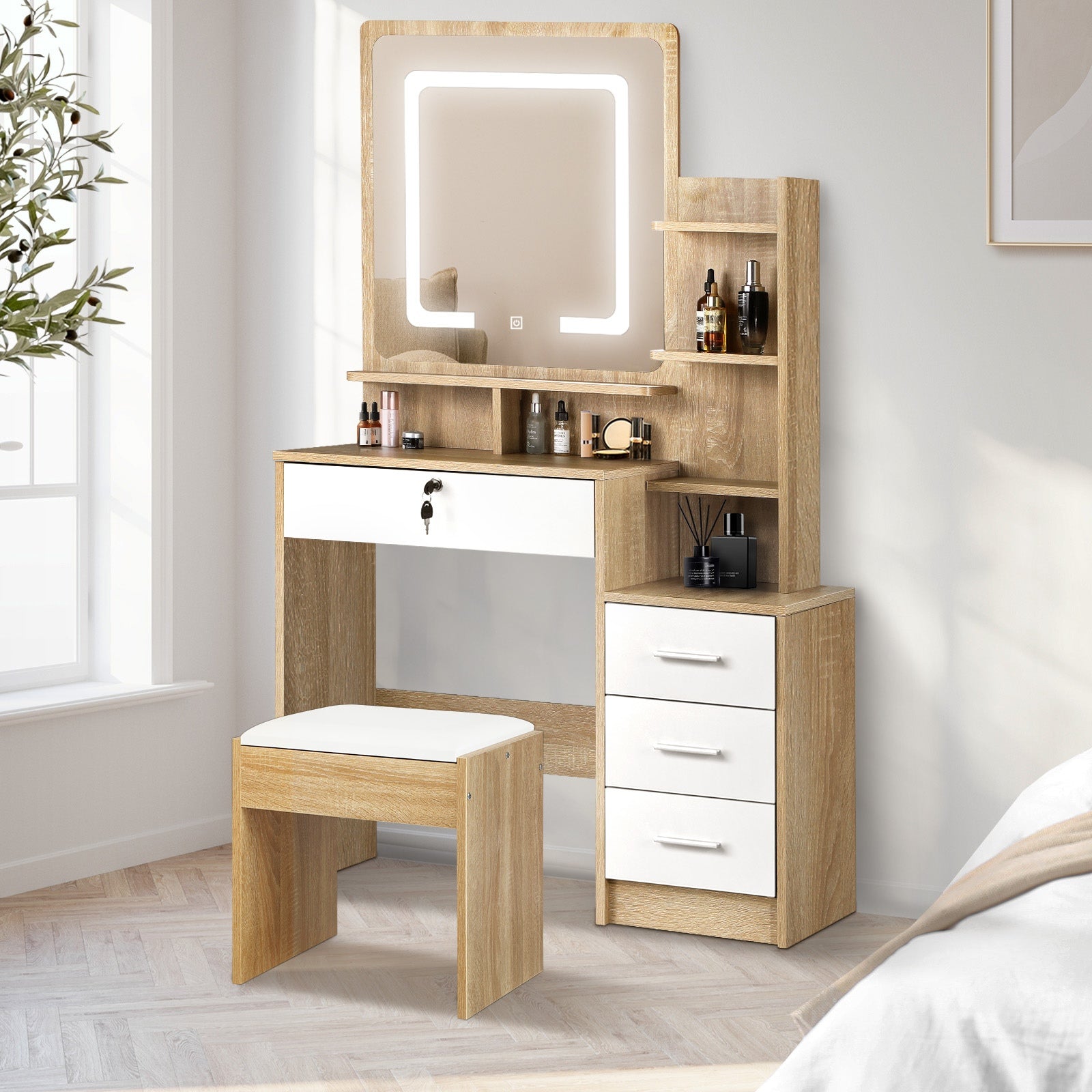 Oikiture Dressing Table Stool Set Makeup Mirror LED Light Cabinet Natural White - Sunyee