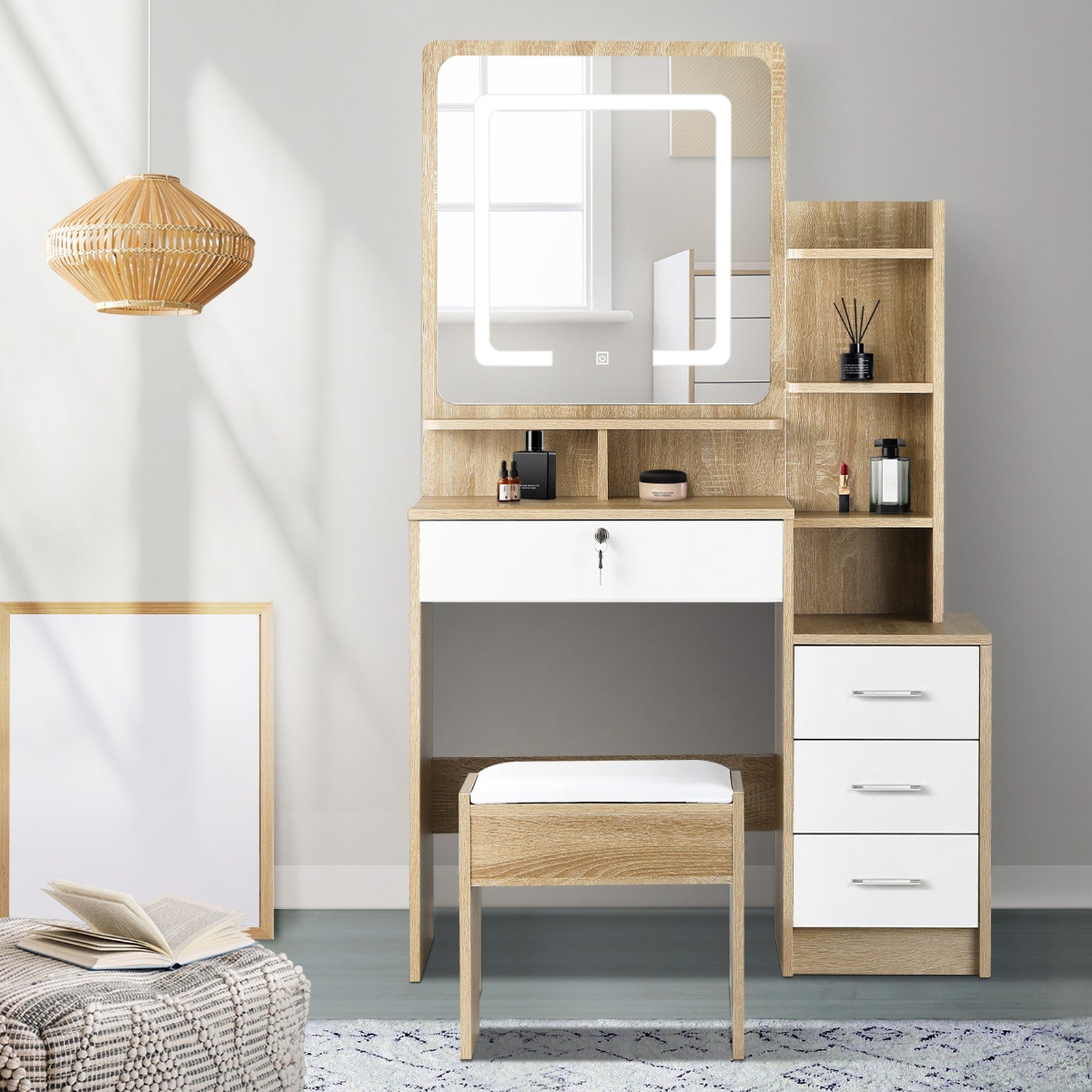 Oikiture Dressing Table Stool Set Makeup Mirror LED Light Cabinet Natural White - Sunyee