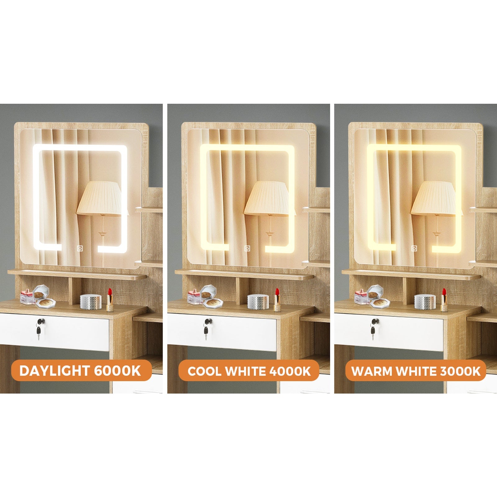 Oikiture Dressing Table Stool Set Makeup Mirror LED Light Cabinet Natural White - Sunyee