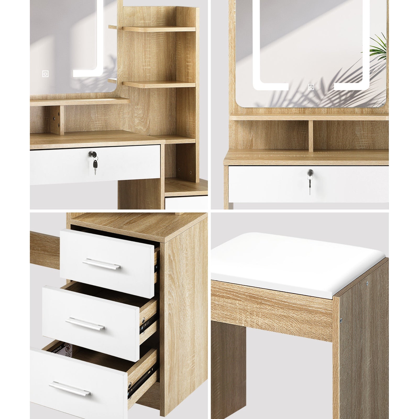 Oikiture Dressing Table Stool Set Makeup Mirror LED Light Cabinet Natural White - Sunyee