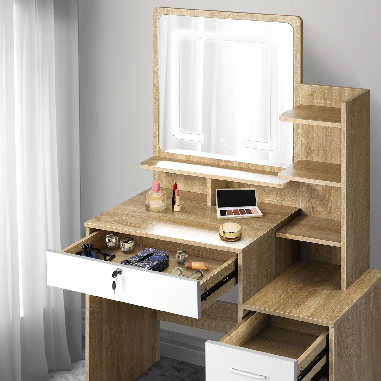 Oikiture Dressing Table Stool Set Makeup Mirror LED Light Cabinet Natural White - Sunyee
