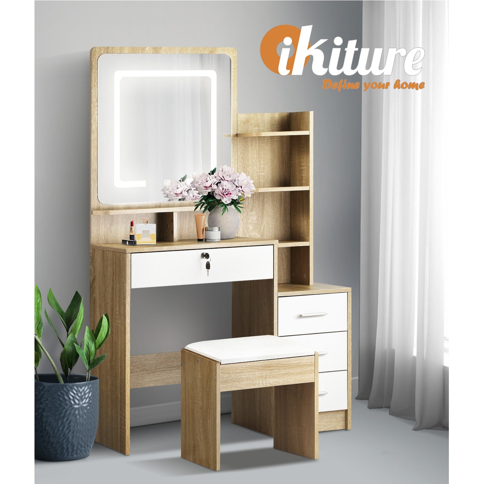 Oikiture Dressing Table Stool Set Makeup Mirror LED Light Cabinet Natural White - Sunyee