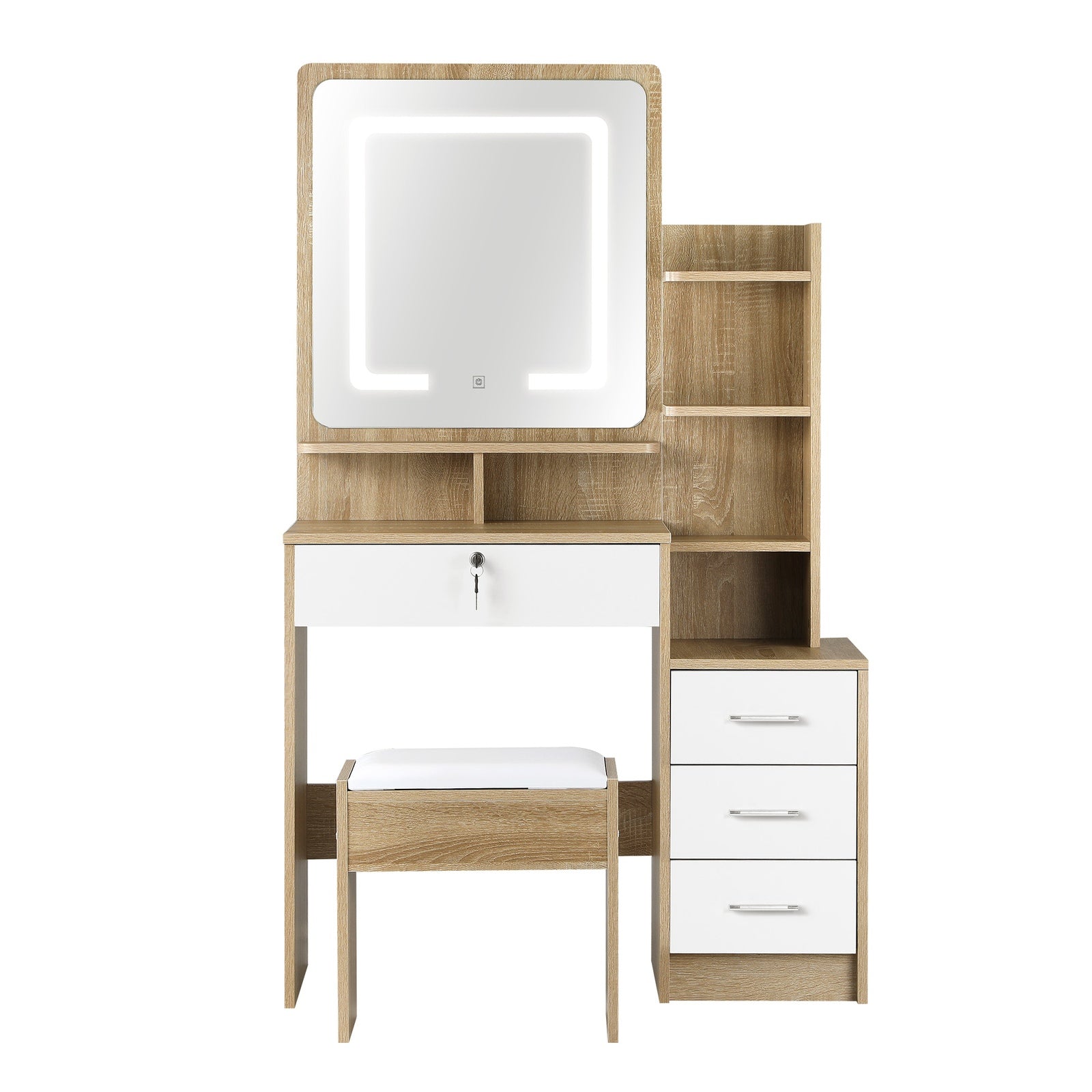 Oikiture Dressing Table Stool Set Makeup Mirror LED Light Cabinet Natural White - Sunyee