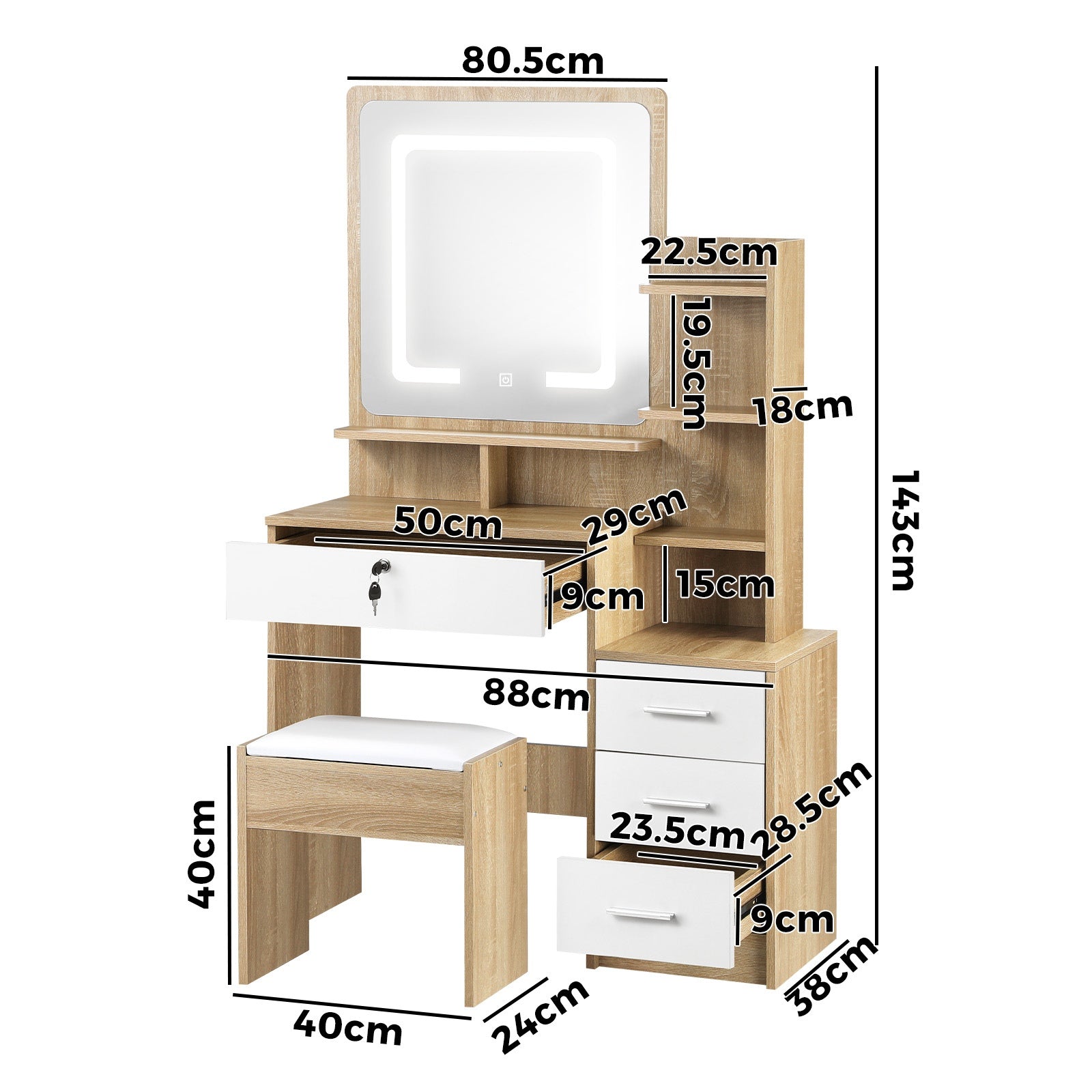 Oikiture Dressing Table Stool Set Makeup Mirror LED Light Cabinet Natural White - Sunyee