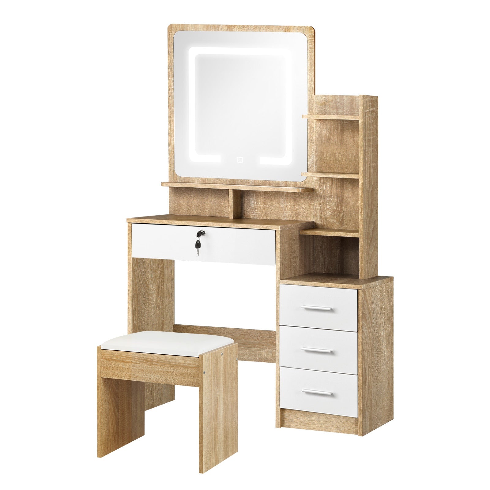 Oikiture Dressing Table Stool Set Makeup Mirror LED Light Cabinet Natural White - Sunyee