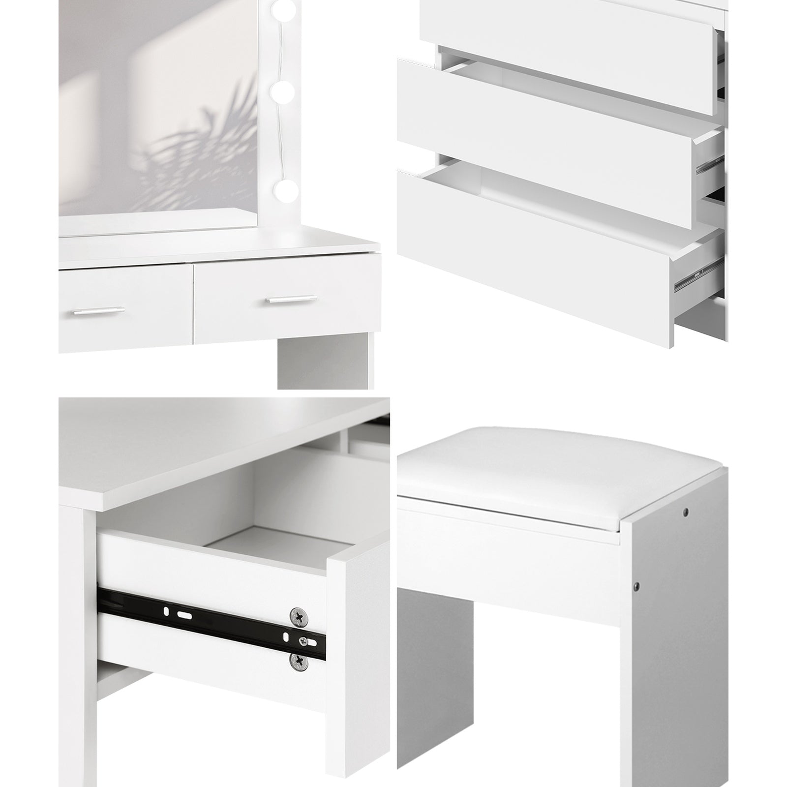 Oikiture Dressing Table Stool Set Makeup Mirror Vanity Desk LED 5 Drawers White - Sunyee