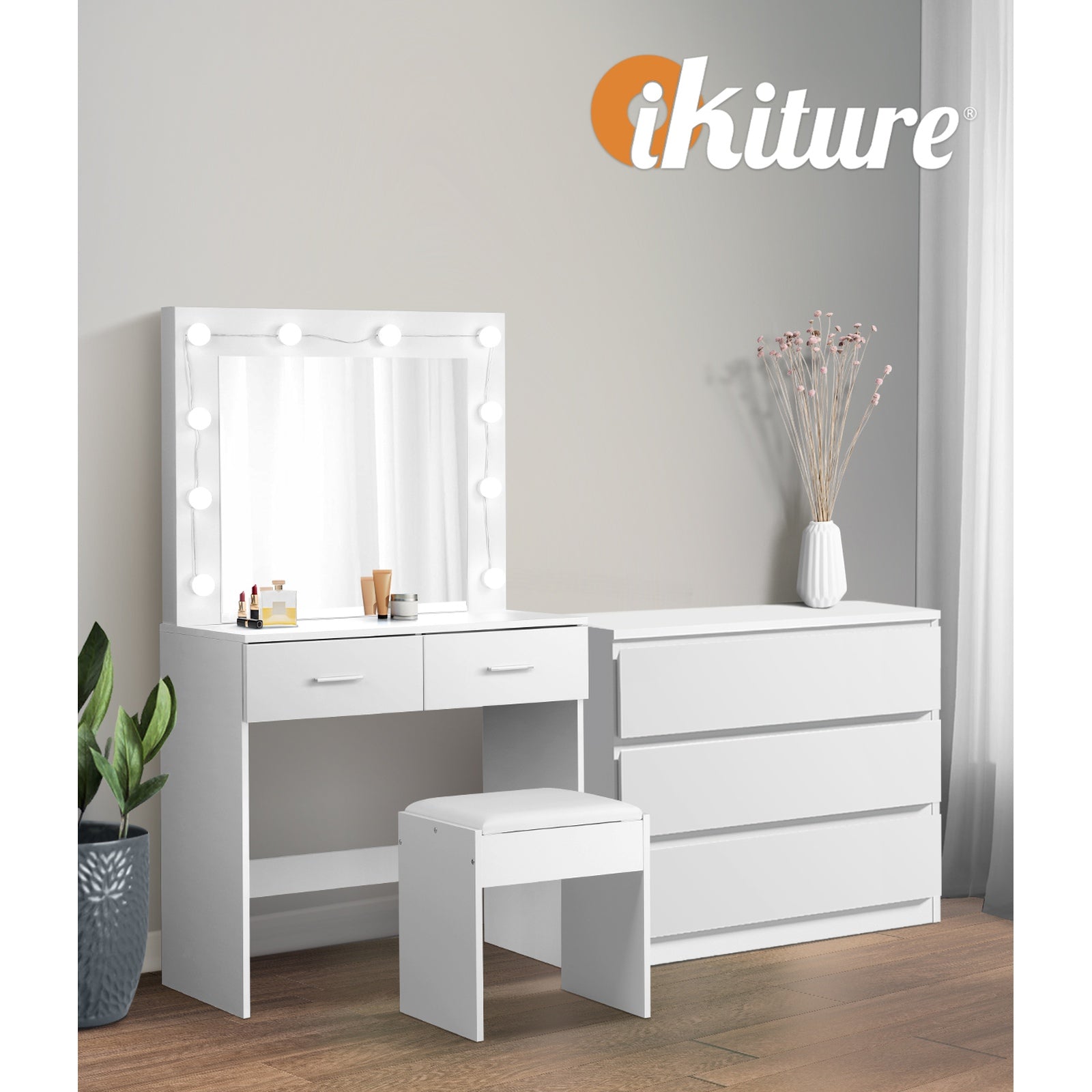 Oikiture Dressing Table Stool Set Makeup Mirror Vanity Desk LED 5 Drawers White - Sunyee