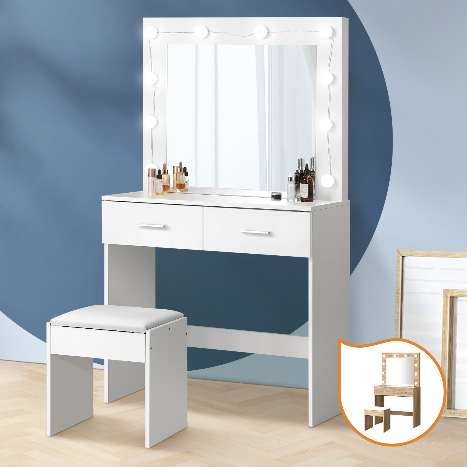 Oikiture Dressing Table Stool Set Makeup Mirror Storage Desk 10 LED Bulbs - Sunyee