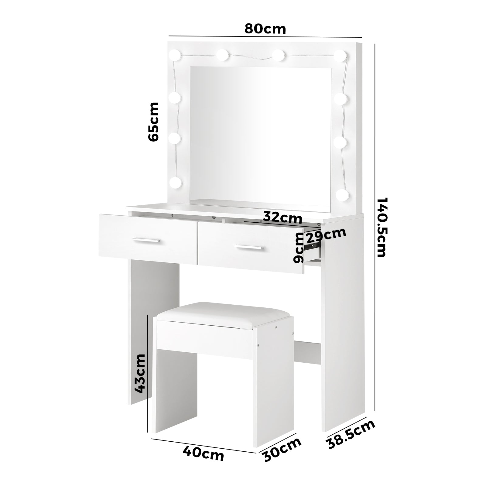 Oikiture Dressing Table Stool Set Makeup Mirror Storage Desk 10 LED Bulbs - Sunyee