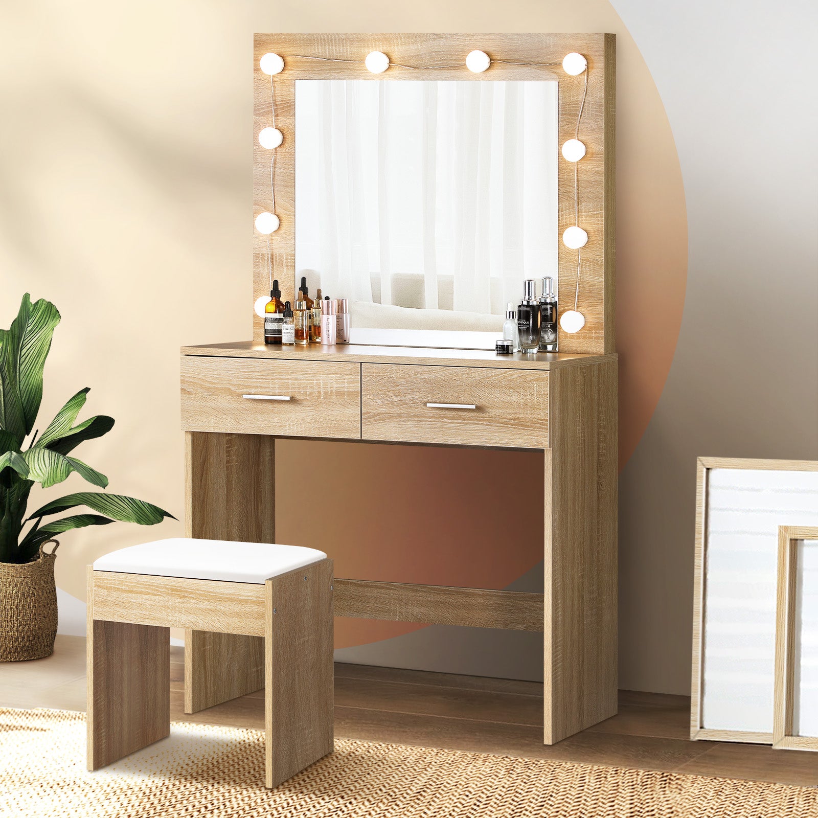 Oikiture Dressing Table Stool Set Makeup Mirror Storage Desk 10 LED Bulbs Wooden - Sunyee