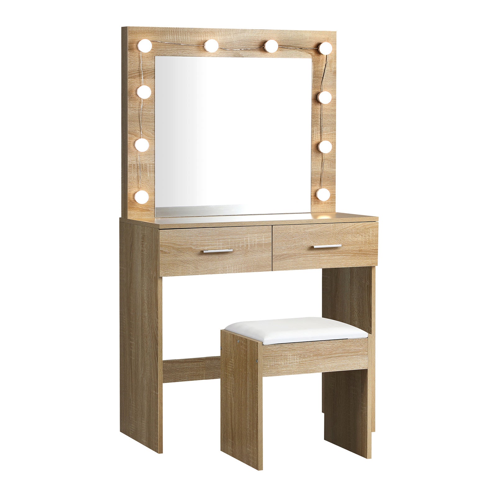 Oikiture Dressing Table Stool Set Makeup Mirror Storage Desk 10 LED Bulbs Wooden - Sunyee