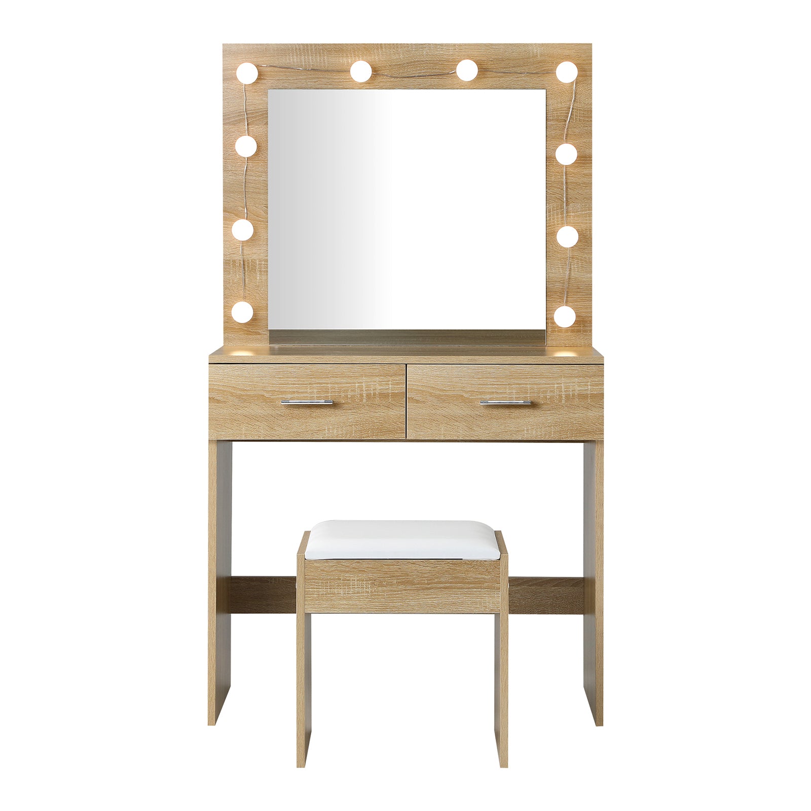 Oikiture Dressing Table Stool Set Makeup Mirror Storage Desk 10 LED Bulbs Wooden - Sunyee