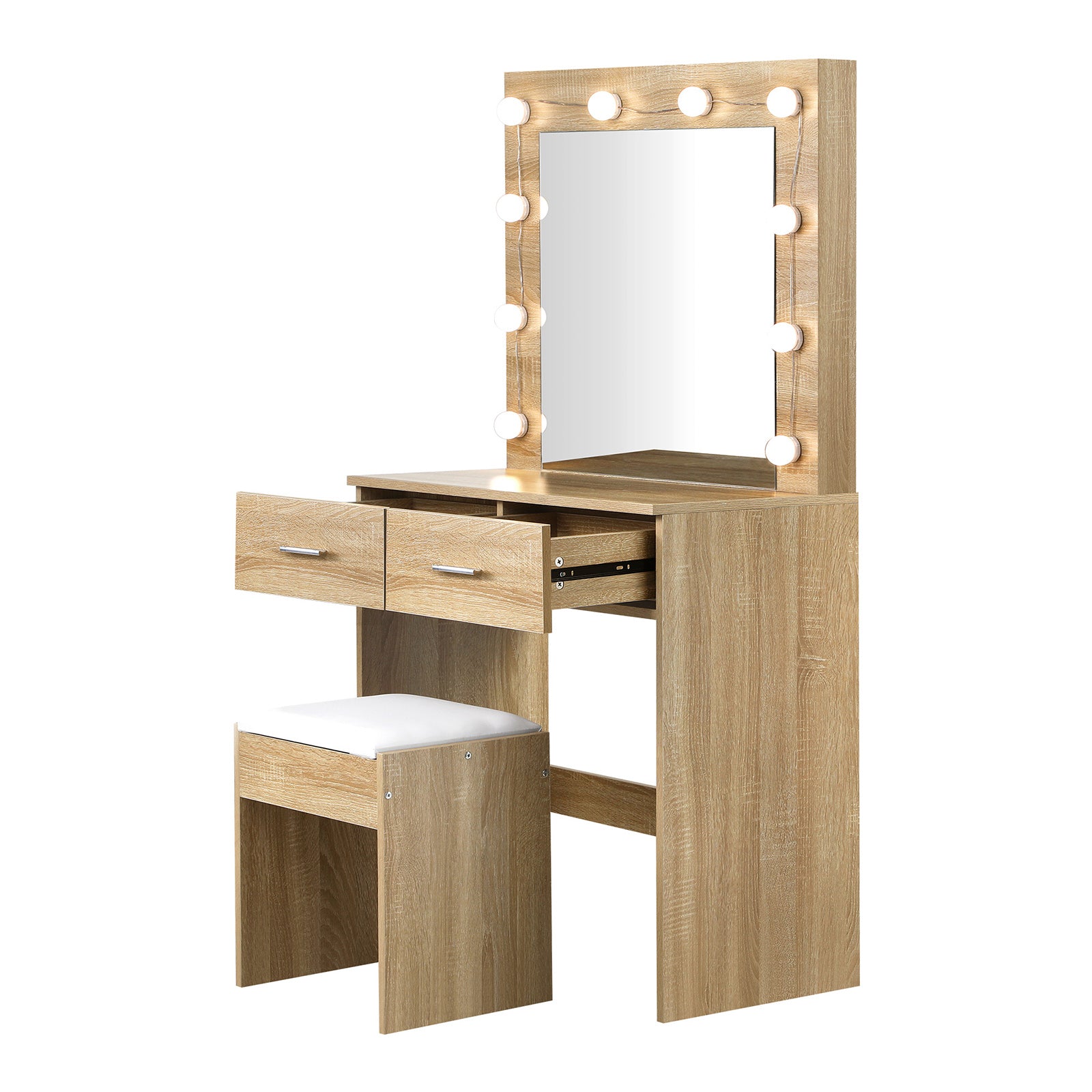 Oikiture Dressing Table Stool Set Makeup Mirror Storage Desk 10 LED Bulbs Wooden - Sunyee