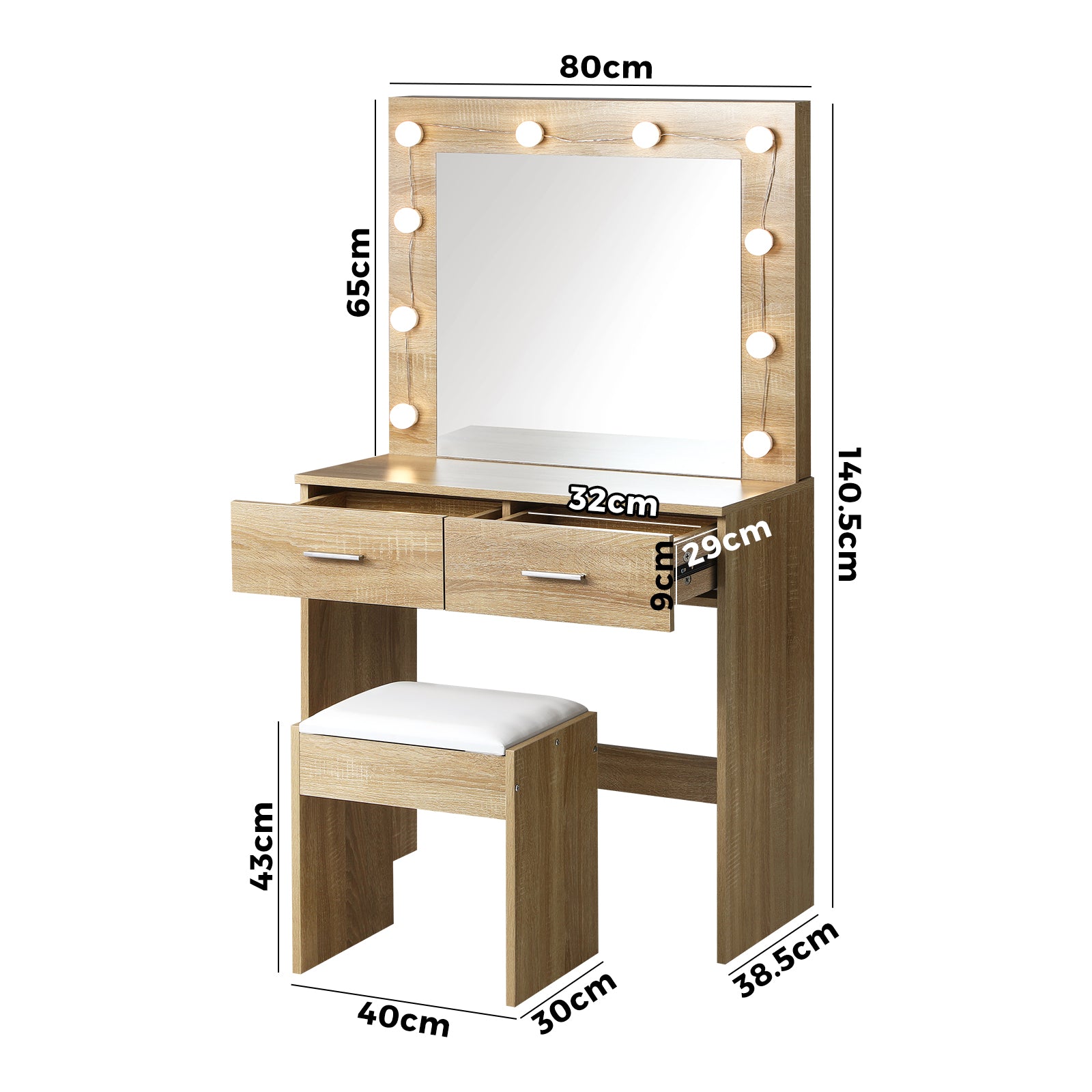 Oikiture Dressing Table Stool Set Makeup Mirror Storage Desk 10 LED Bulbs Wooden - Sunyee