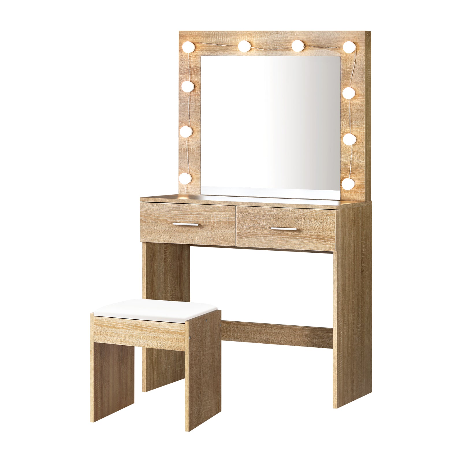 Oikiture Dressing Table Stool Set Makeup Mirror Storage Desk 10 LED Bulbs Wooden - Sunyee