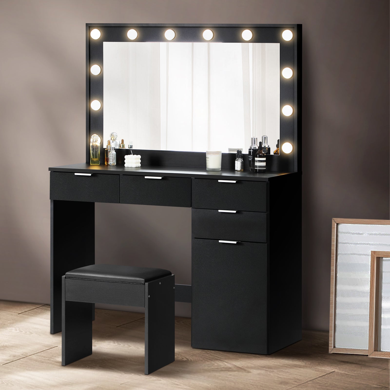 Oikiture Dressing Table Stool Set Makeup Large Mirror Dresser 12 LED Bulbs Black - Sunyee