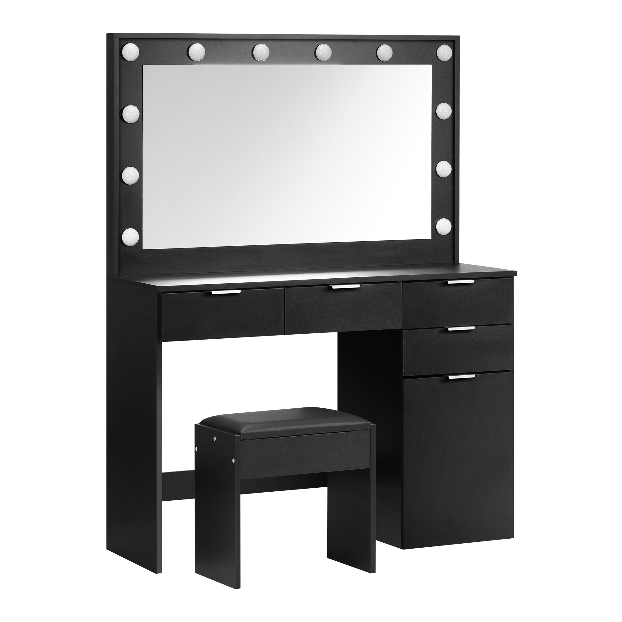 Oikiture Dressing Table Stool Set Makeup Large Mirror Dresser 12 LED Bulbs Black - Sunyee