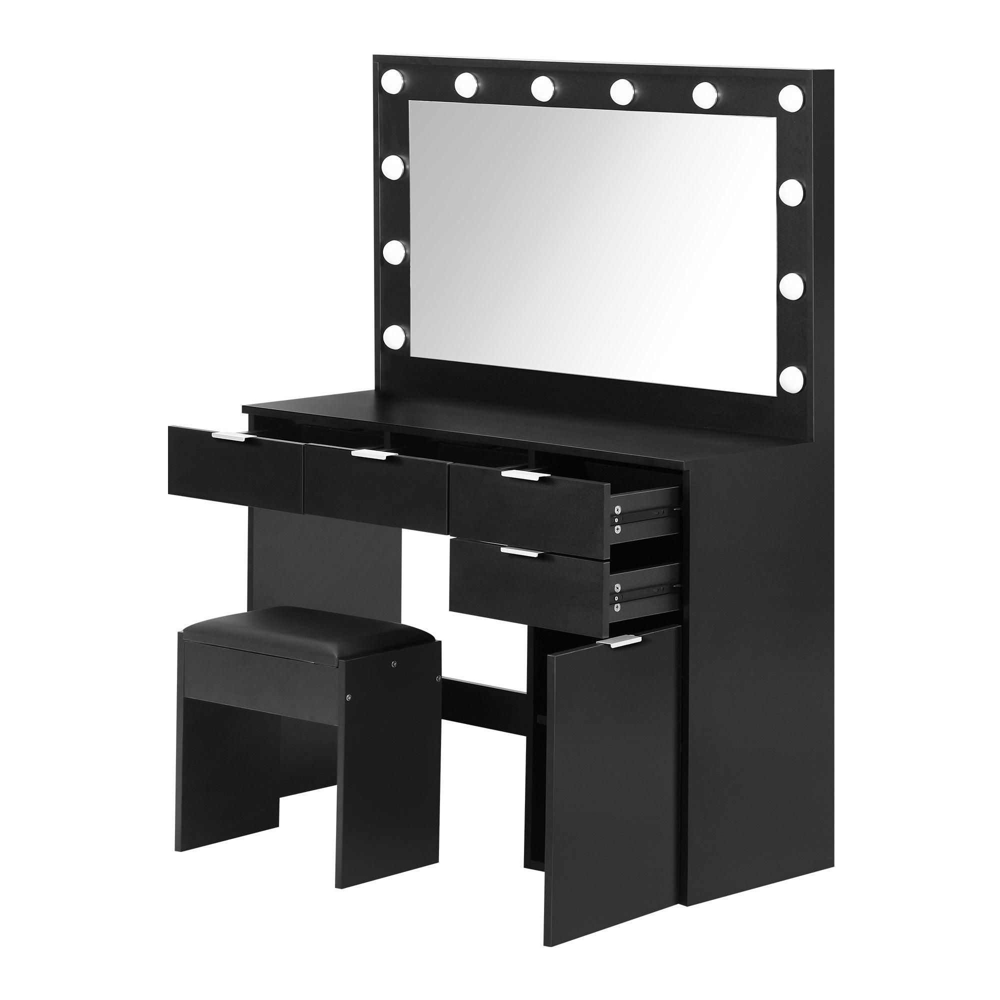 Oikiture Dressing Table Stool Set Makeup Large Mirror Dresser 12 LED Bulbs Black - Sunyee