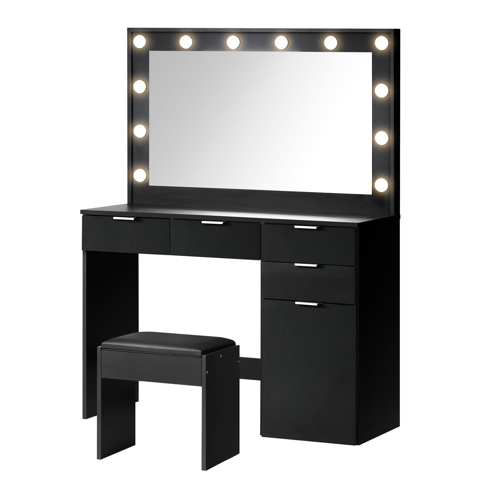 Oikiture Dressing Table Stool Set Makeup Large Mirror Dresser 12 LED Bulbs Black - Sunyee